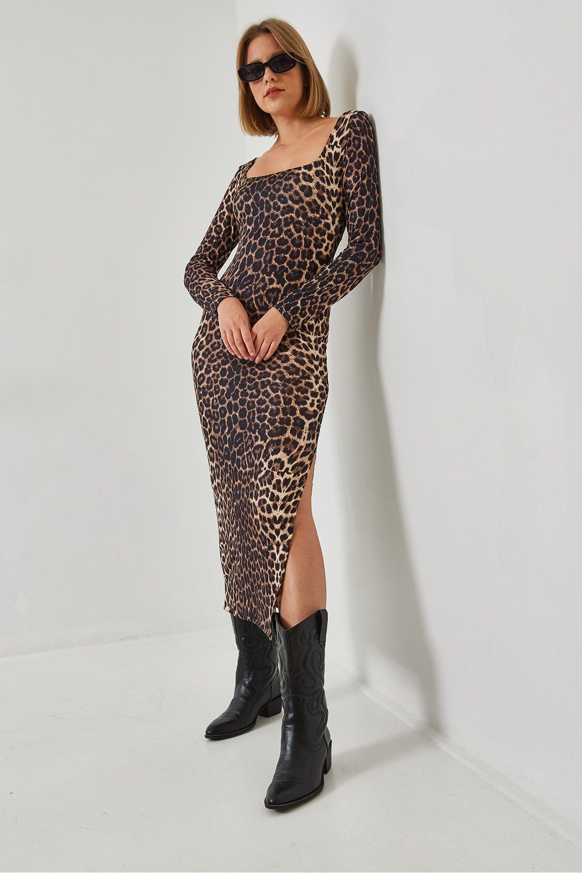 Women's slit leopard patterned long dress 250-1 60261049