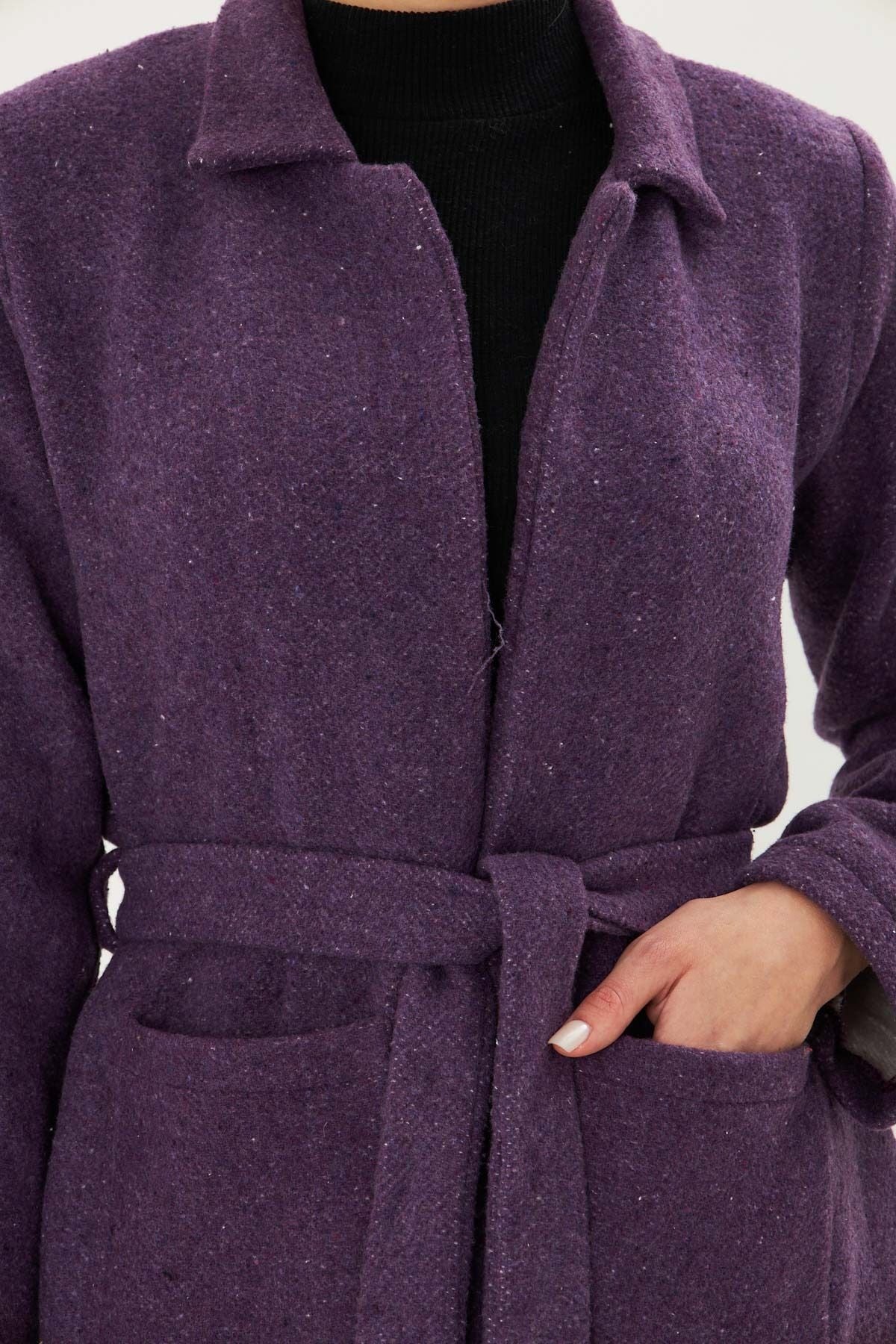 Female purple men's collar pocket belt coat Arm-25k001053
