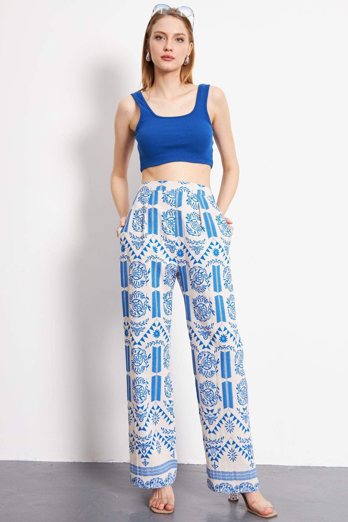 PALAZZO Pants with Patterned Patterned Blue Linen Look