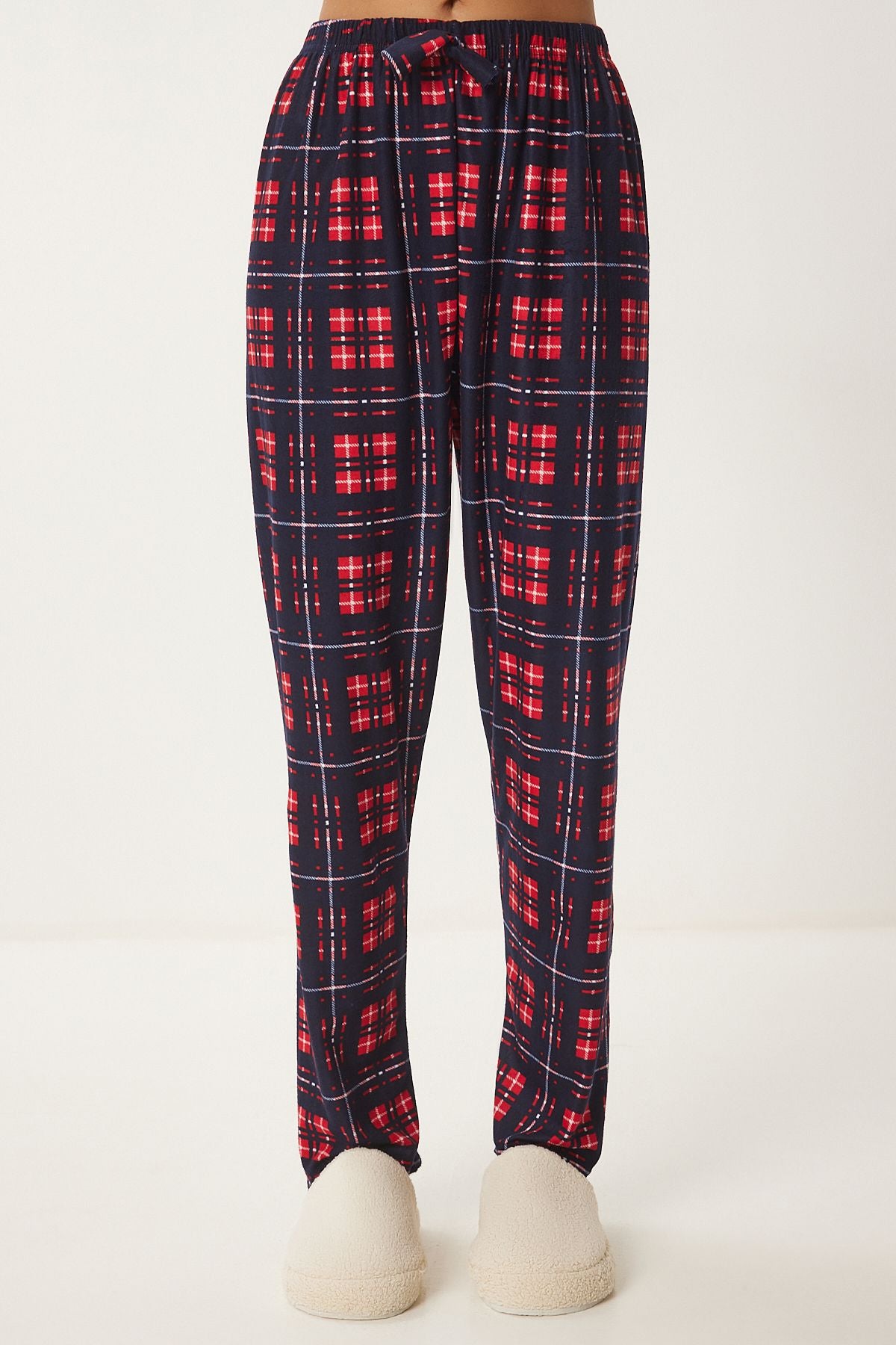 Woman Navy blue Red Patterned Soft textured knitted pajamas Six Ce00089