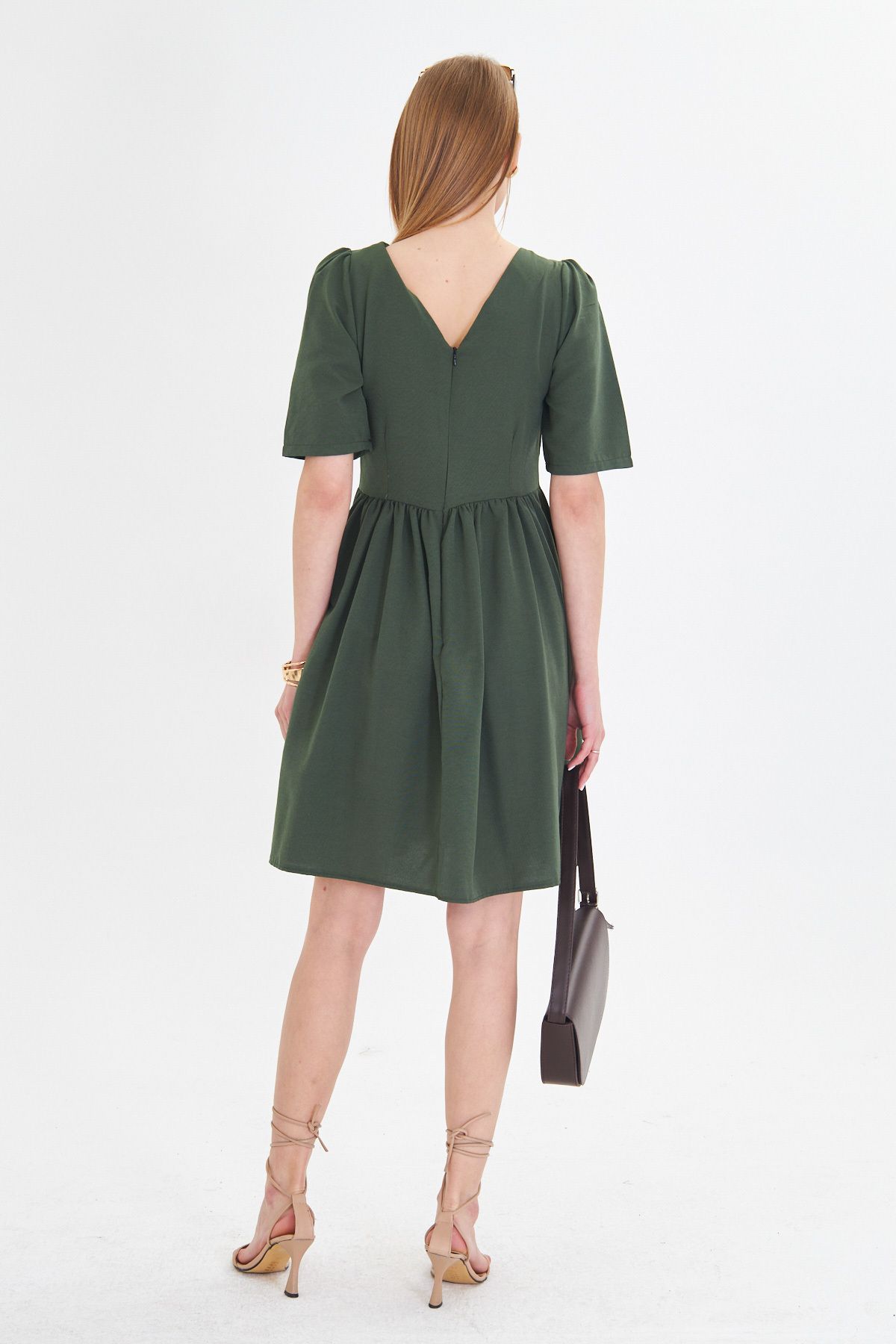 Female Khaki Zero Back Back Zipper Watermelon Arm Waist Shirred Dress ARM-25Y001009