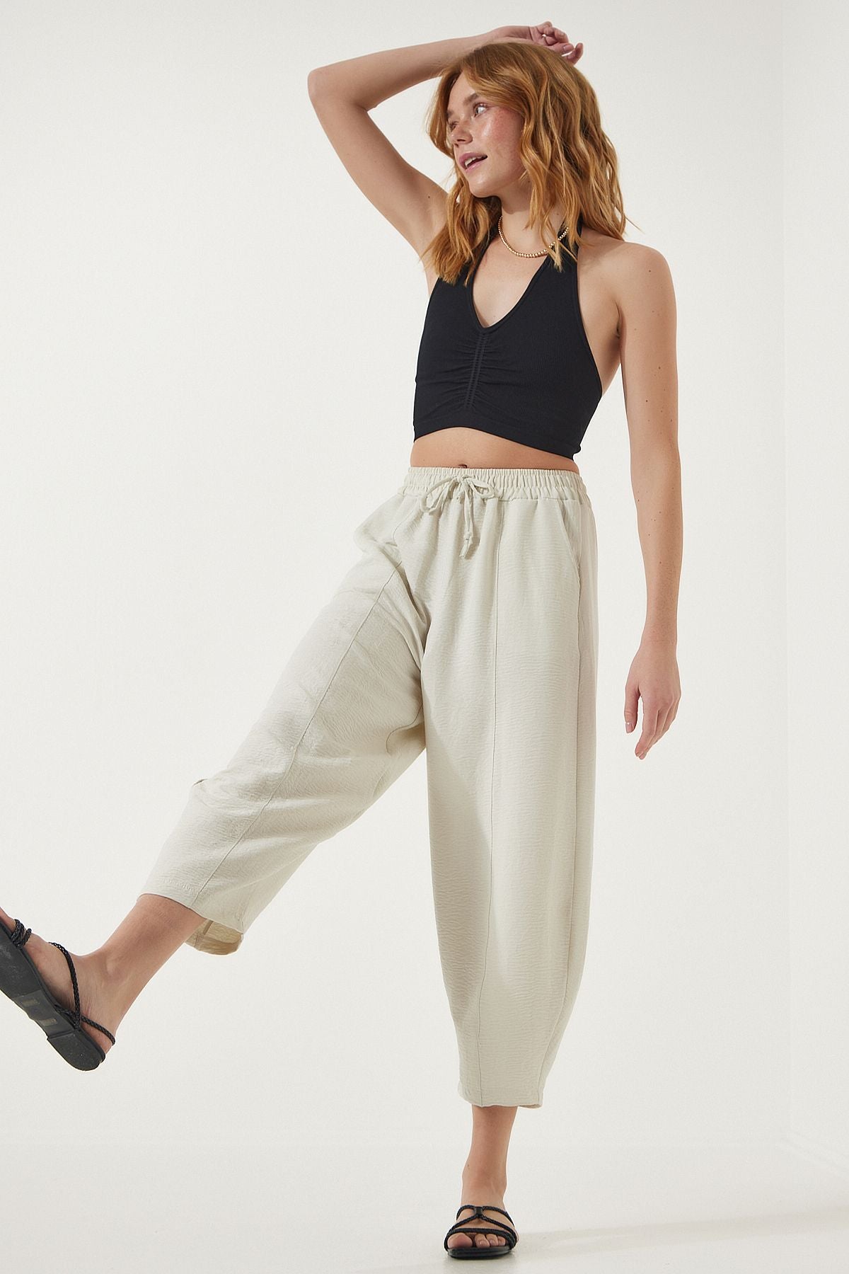 Female Light Cream Pocket Linen Viscose Shalwar Pants CV00001