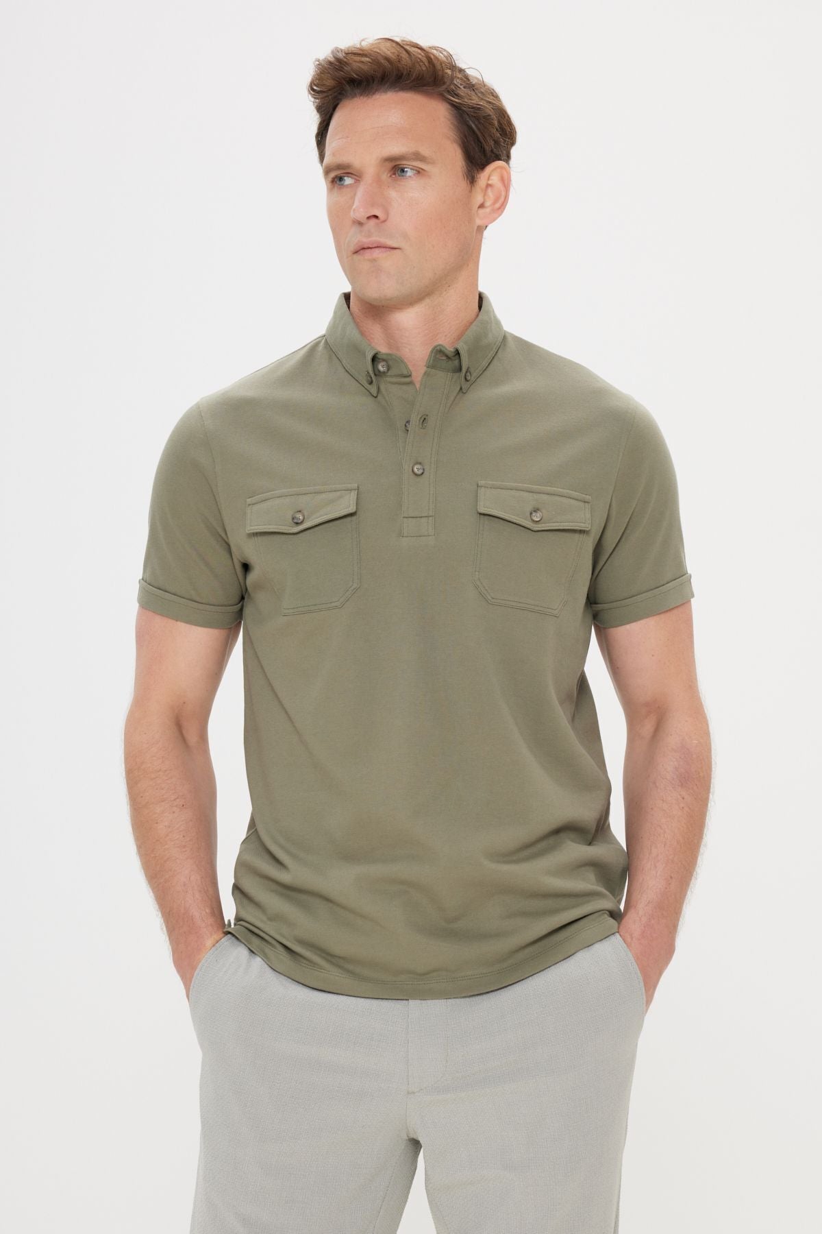 Male Khaki 100 %Cotton Slim Fit Narrow Cut Polo Yaka T -shirt