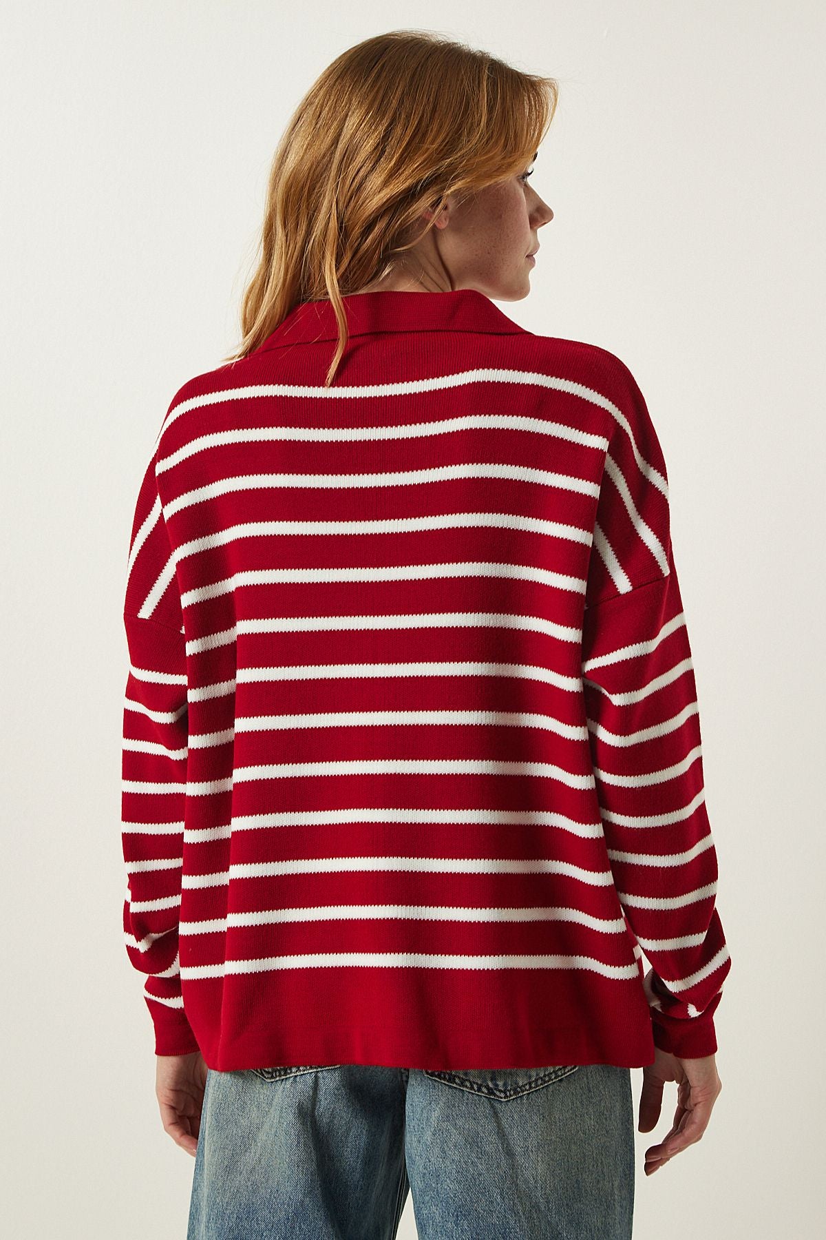 Woman Red Polo Yaka Crop Knitwear sweater US00293