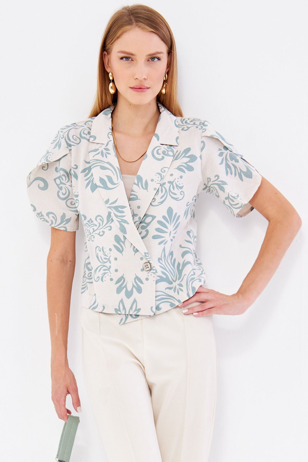 Female Mint Linen-Looking Patterned Band Slit Crop Short Sleeve Jacket ARM-24Y001095