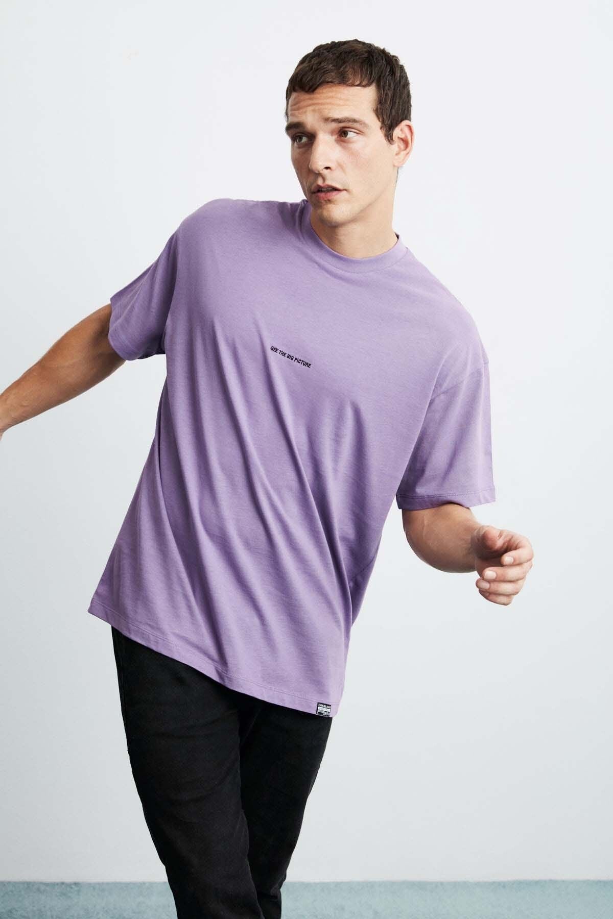 Rıver Men's Embroidery Working Oversiz 100 %Organic Cotton Knitting Purple T-shirt