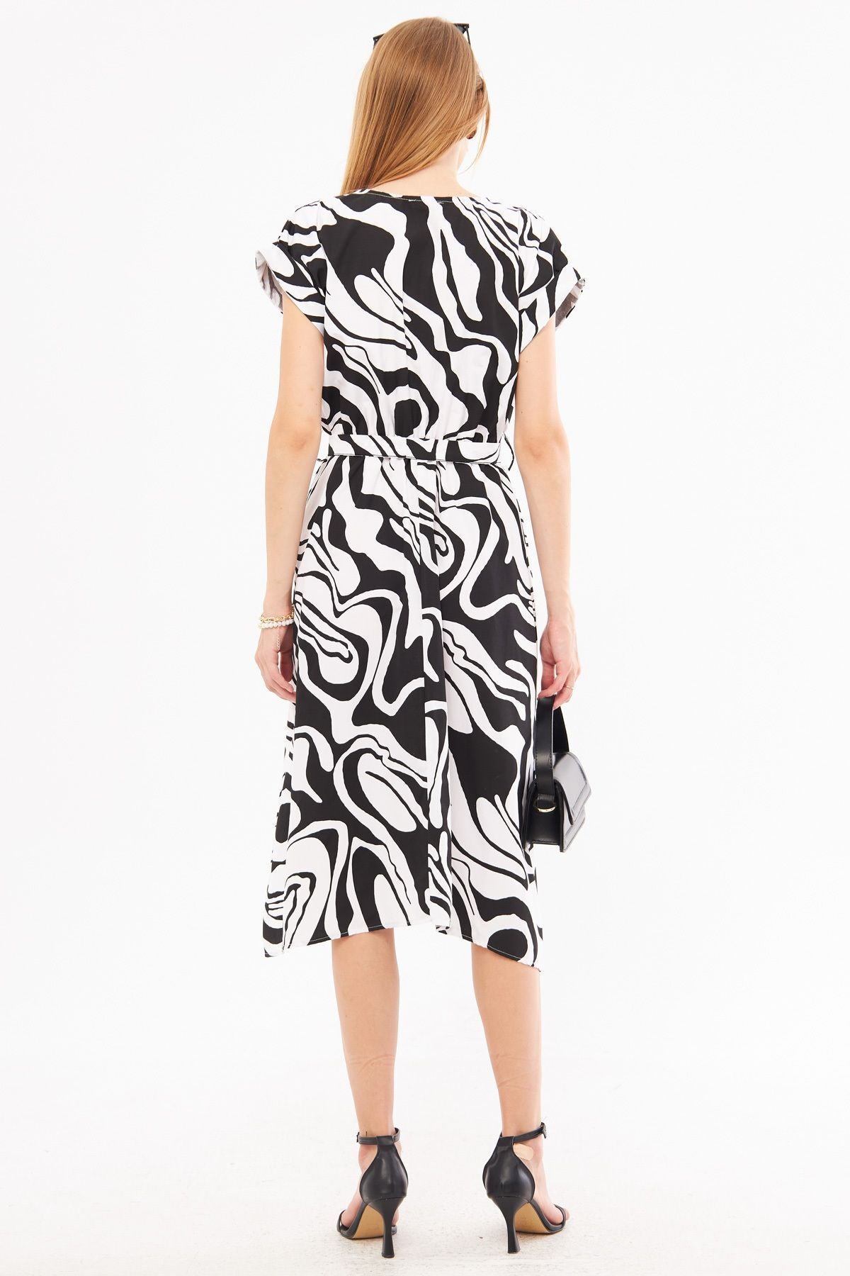 Woman White-Black Waist Tire Tinded Patterned Dress ARM-221044