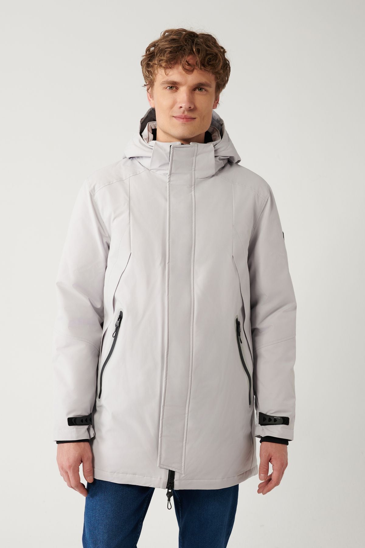Men's light gray coat goose feather water repulsive windproof thermometer removable hooded comfort
