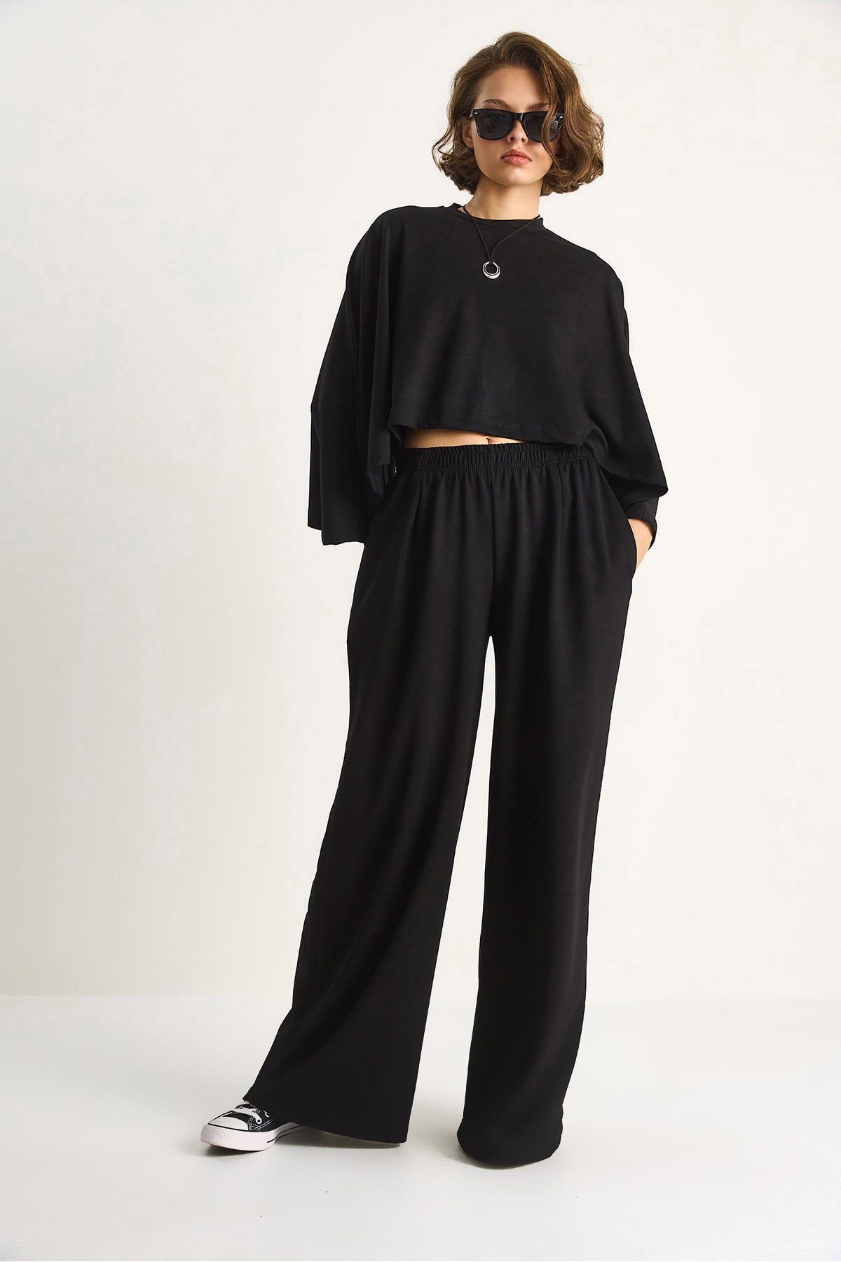 Women's Bat Sleeve Crop Elastic Waist Trousers Modal Bottom-Top Set 4025 60284068