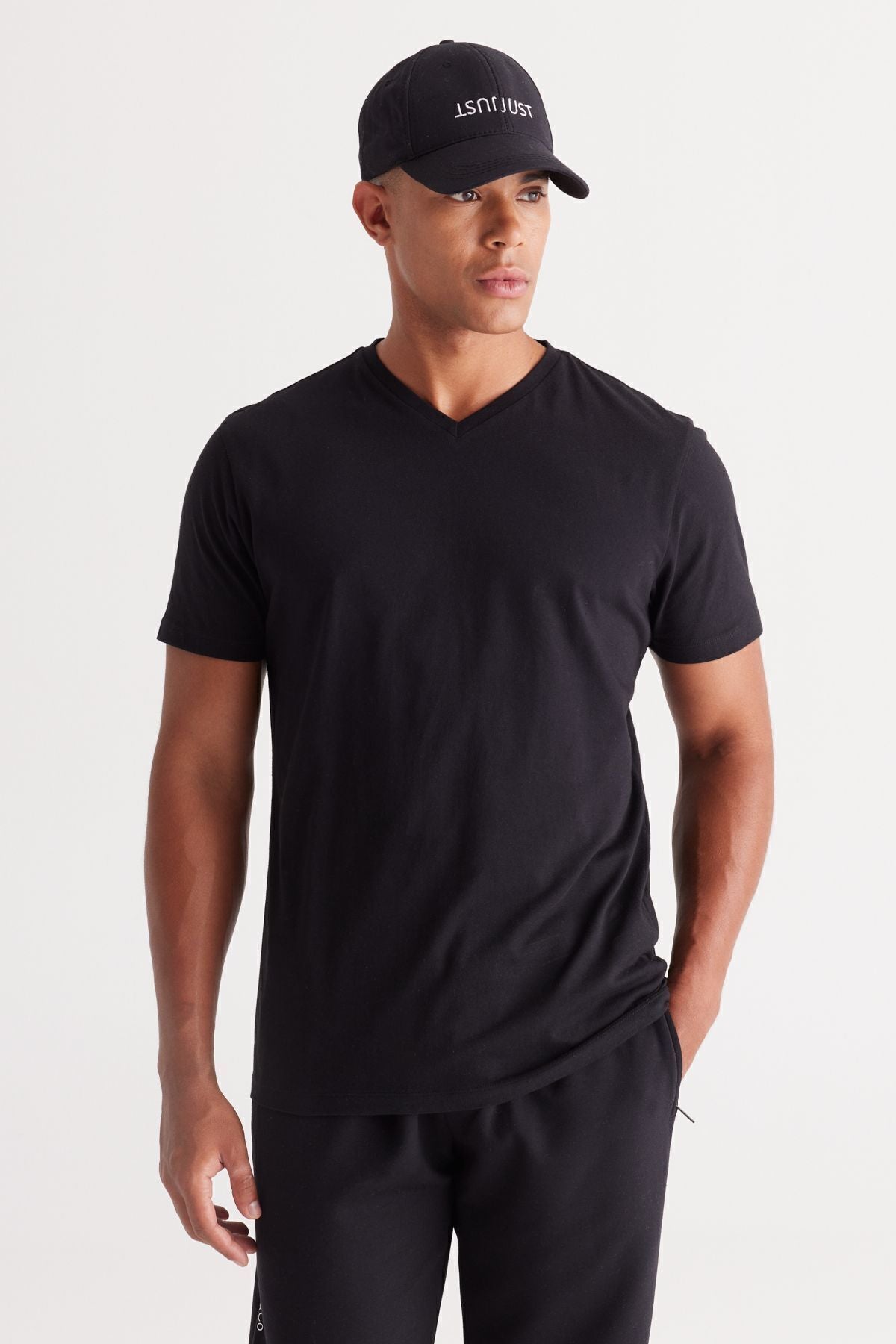 Men's Black-Black 2 Piece V-Neck 100 %Cotton Slim Fit Narrow Cut Basic T-shirt