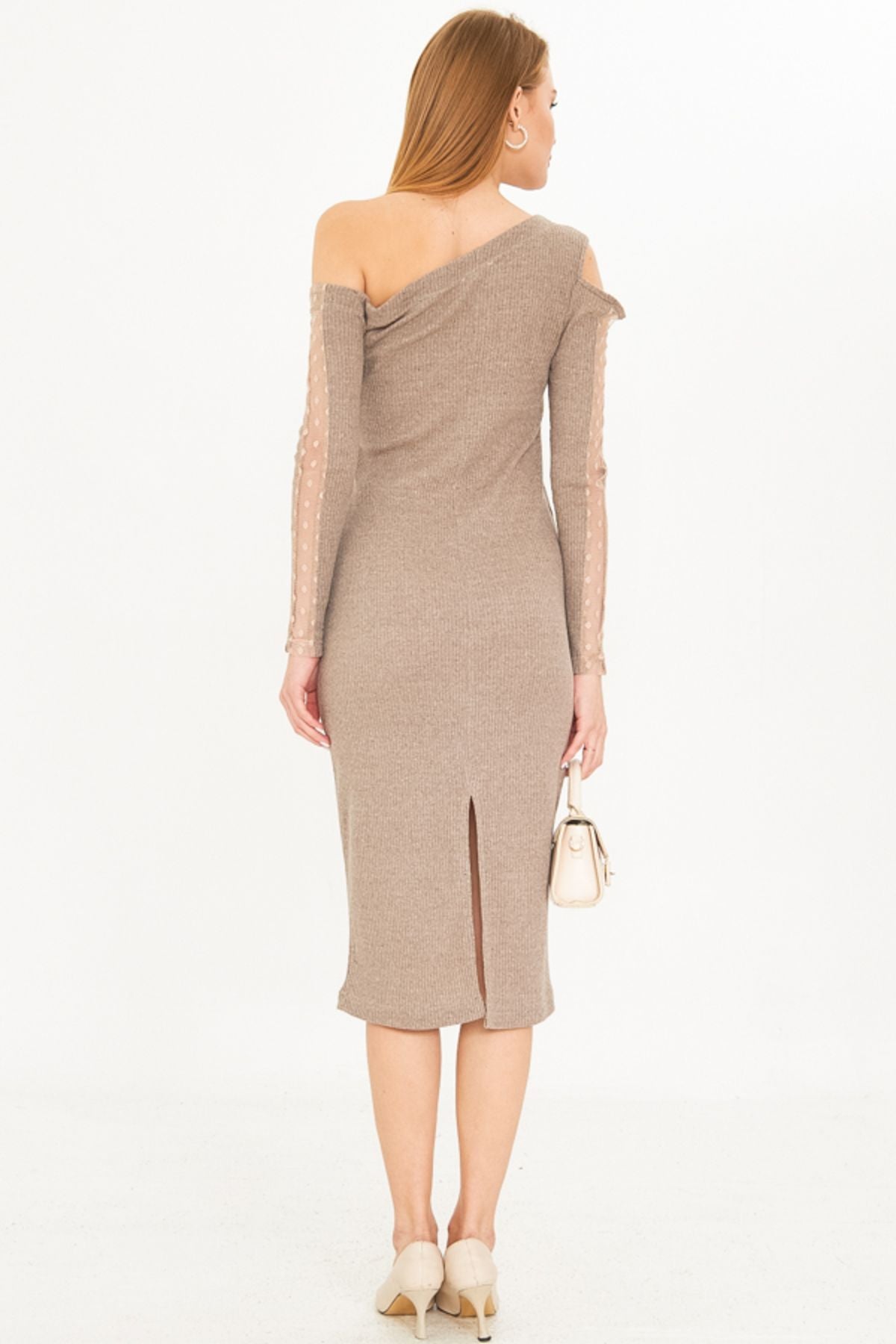 Female Beige asymmetric collar arm tulle slit with midi midi size dress ARM-25K001081