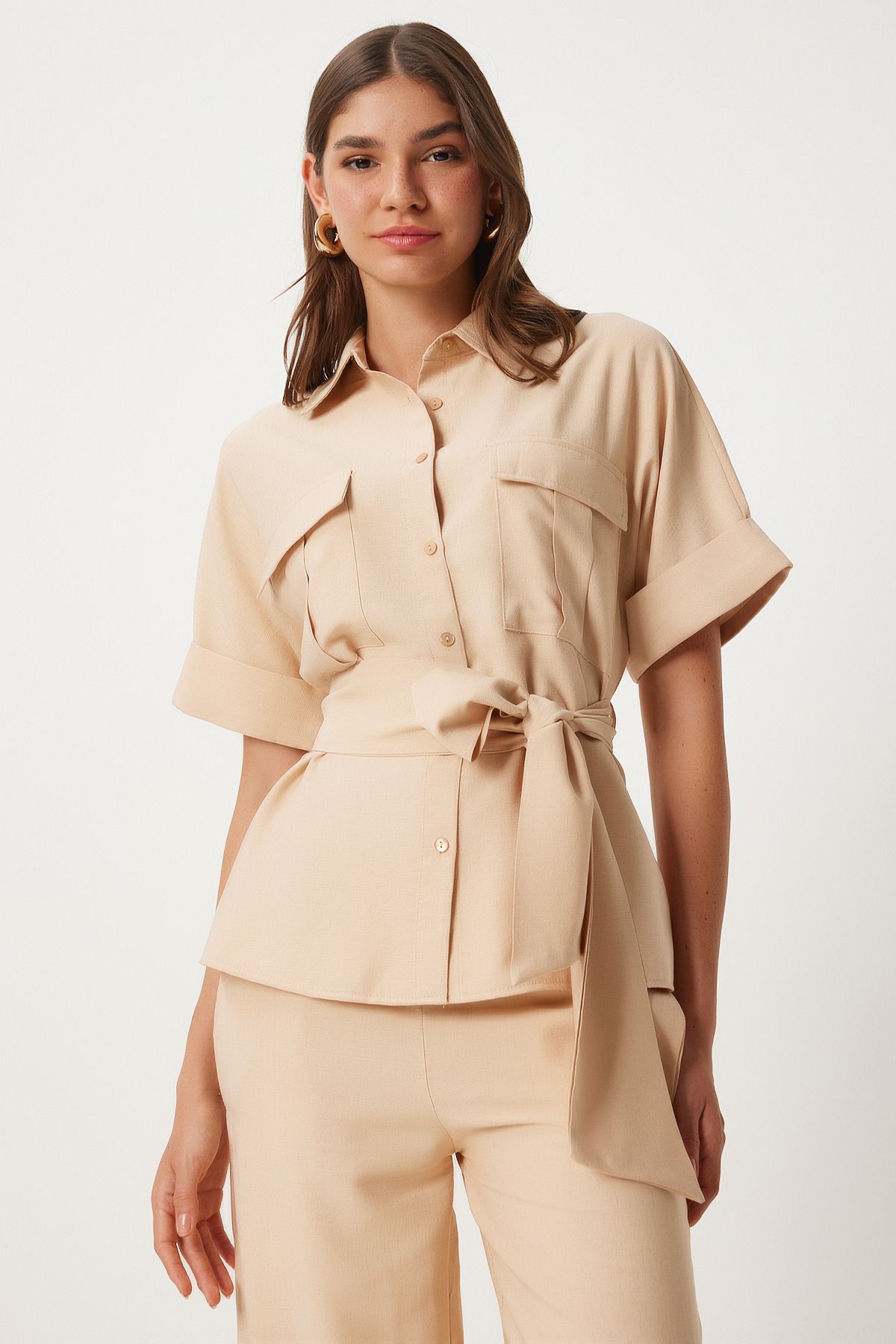 Female beige belt shirt pants weaving set FN03276