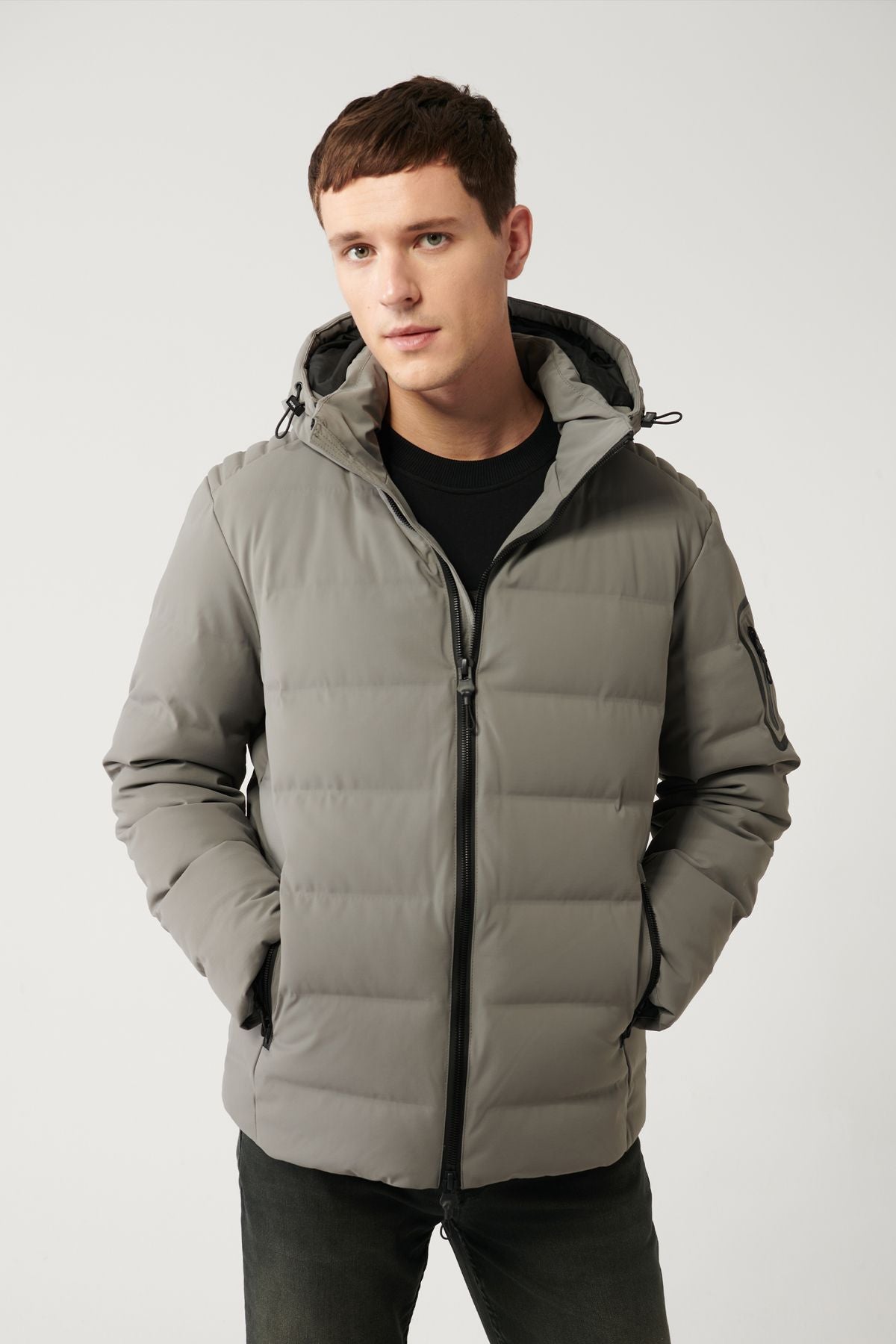 Men's gray swelling coat goose feather water repulsive windproof thermometer removable hooded comfort