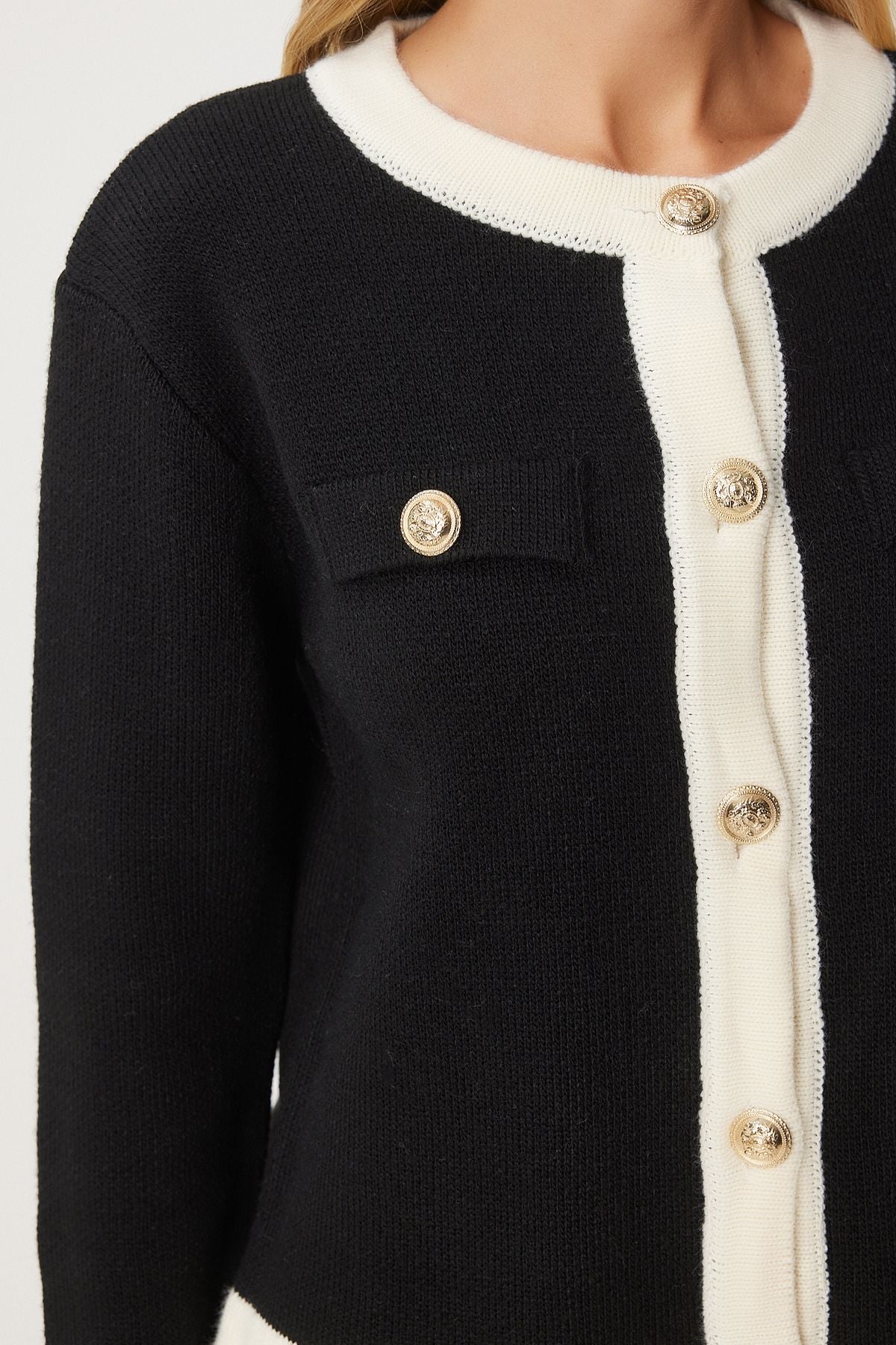 Women's black stylish button strip detailed knitwear cardigan pf00092