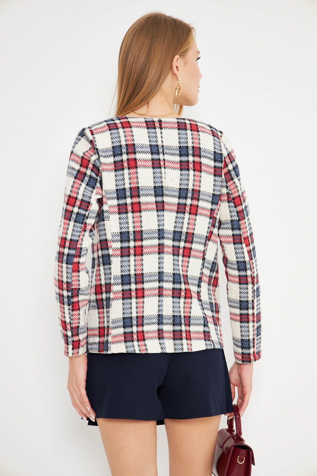 Women's Red V-Neck collar brooch detailed plaid jacket ARM-25K001033