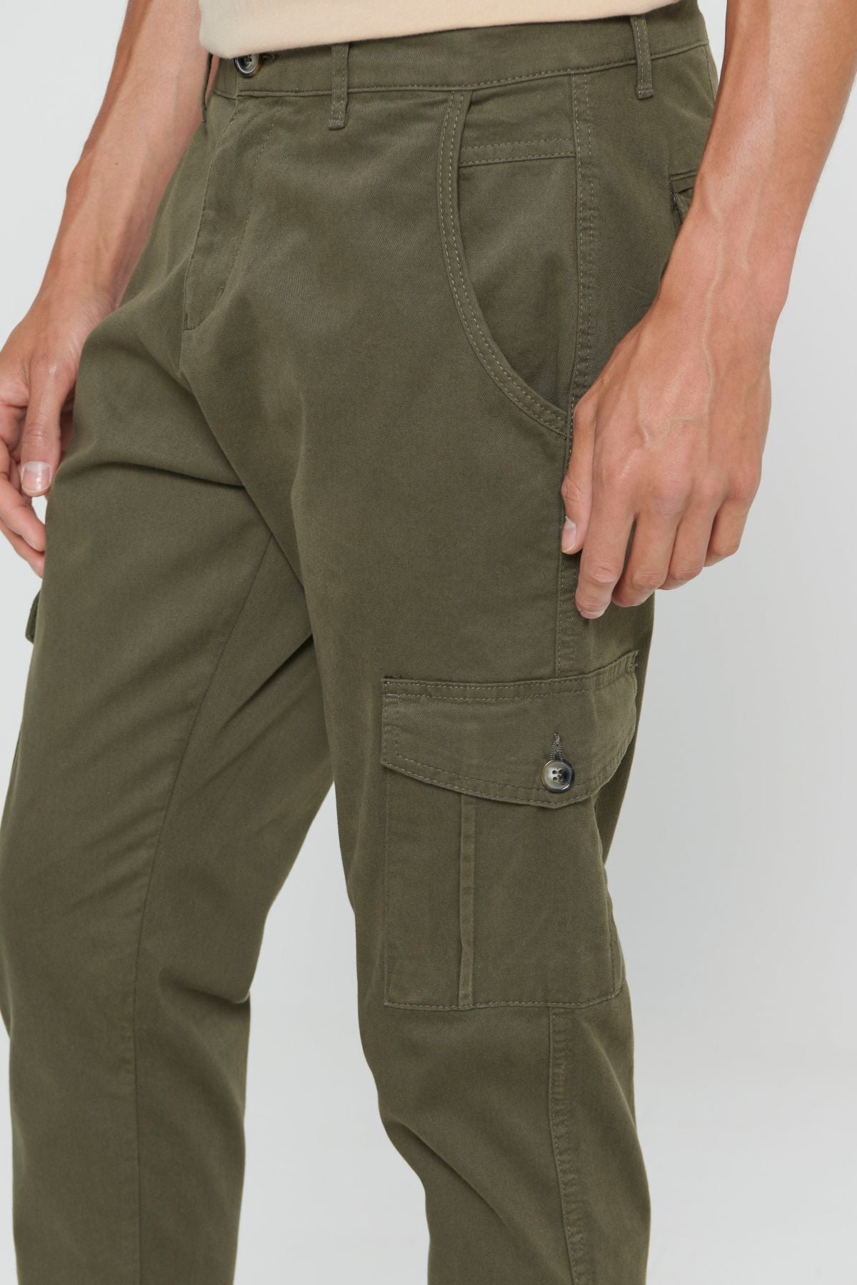 Men's Khaki Extra Slim Fit Narn Cut Cargo Pocket Cotton Flexible Pants