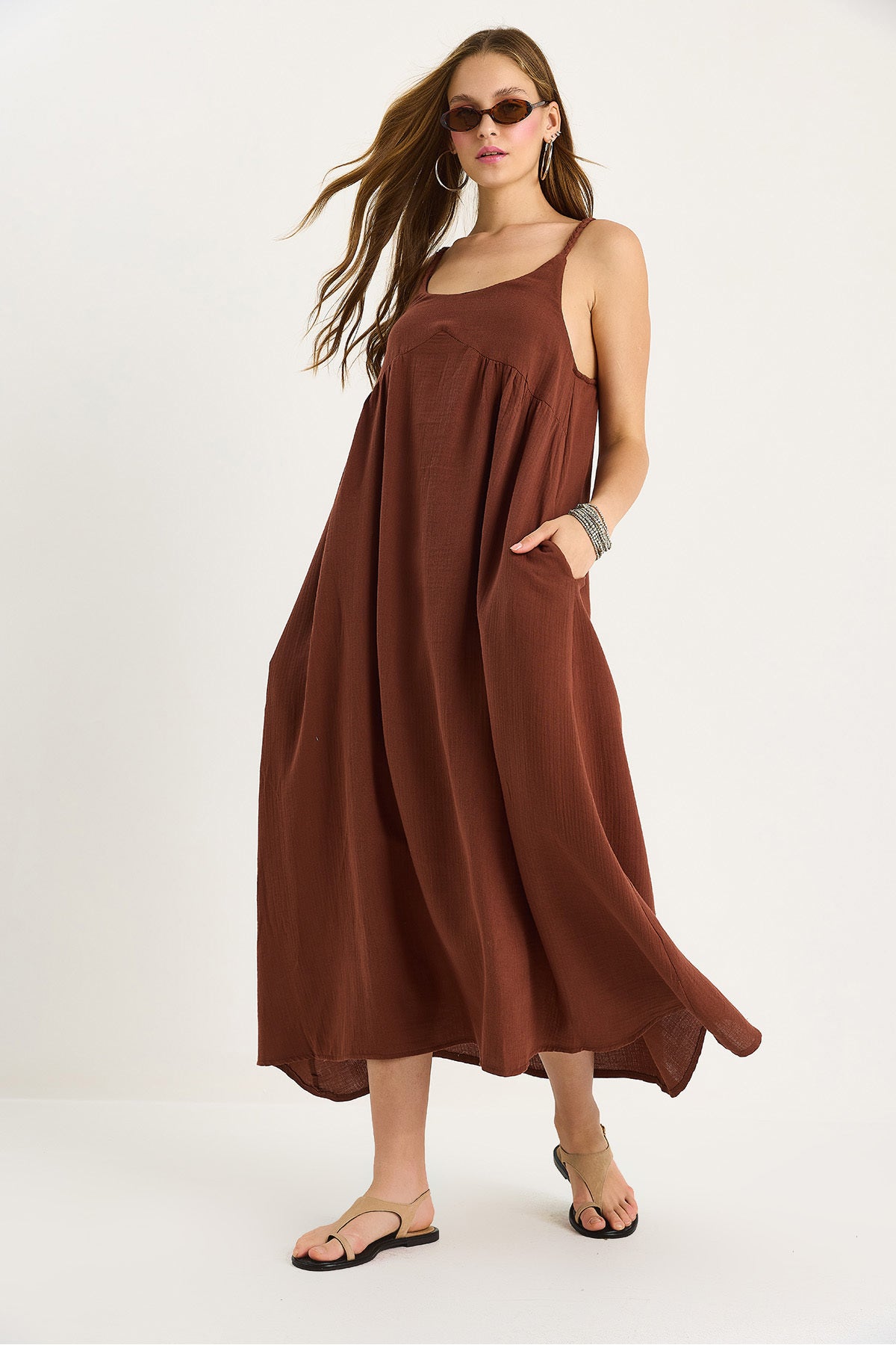 Women's Braided Strap Pocket Detailed Lined Casual Muslin Dress 7021 60283468