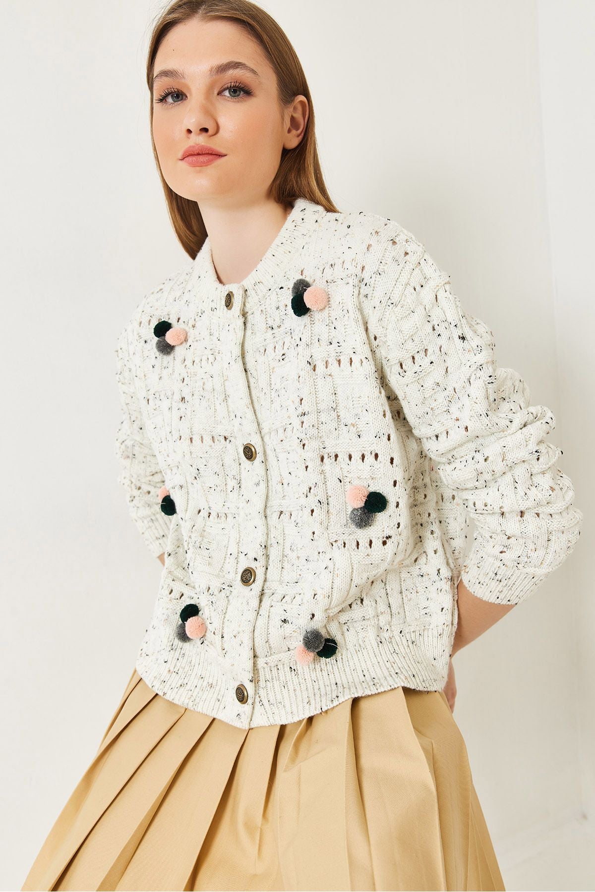 Female pompom patterned knitwear cardigan 20246270