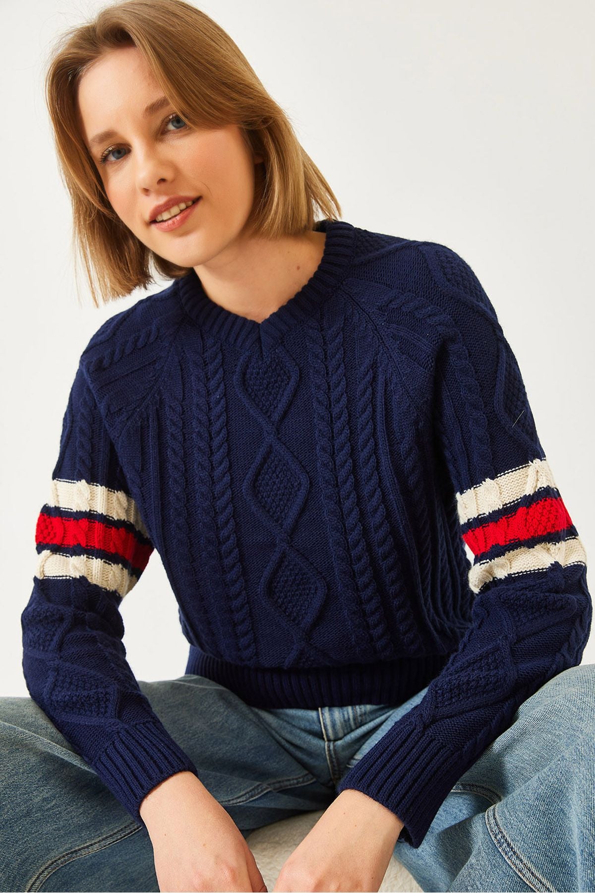 Women's V -Neck Patterned Knitwear Kazakh 20246919