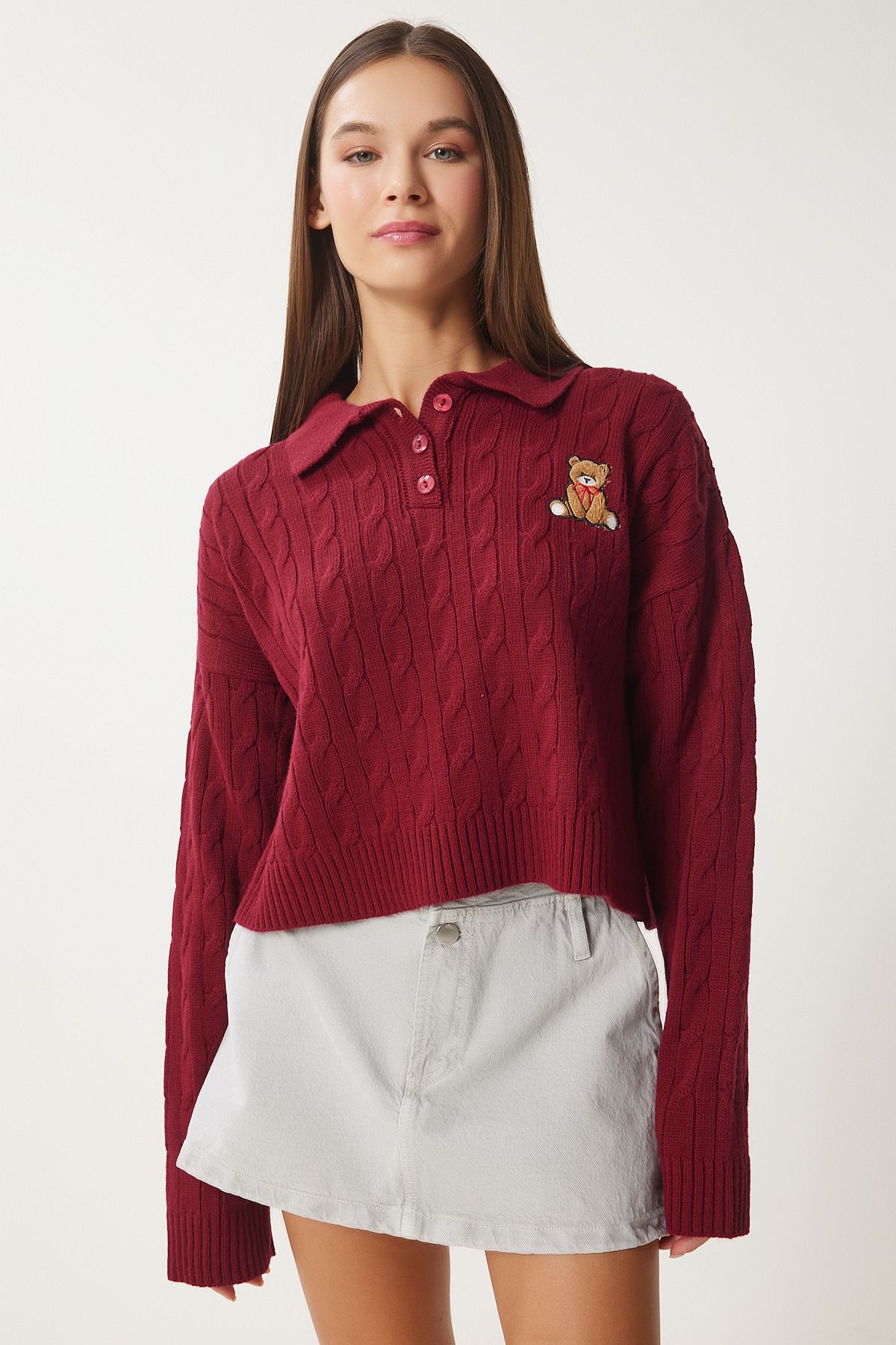 Women's burgundy motif knitwear sweater zh00043