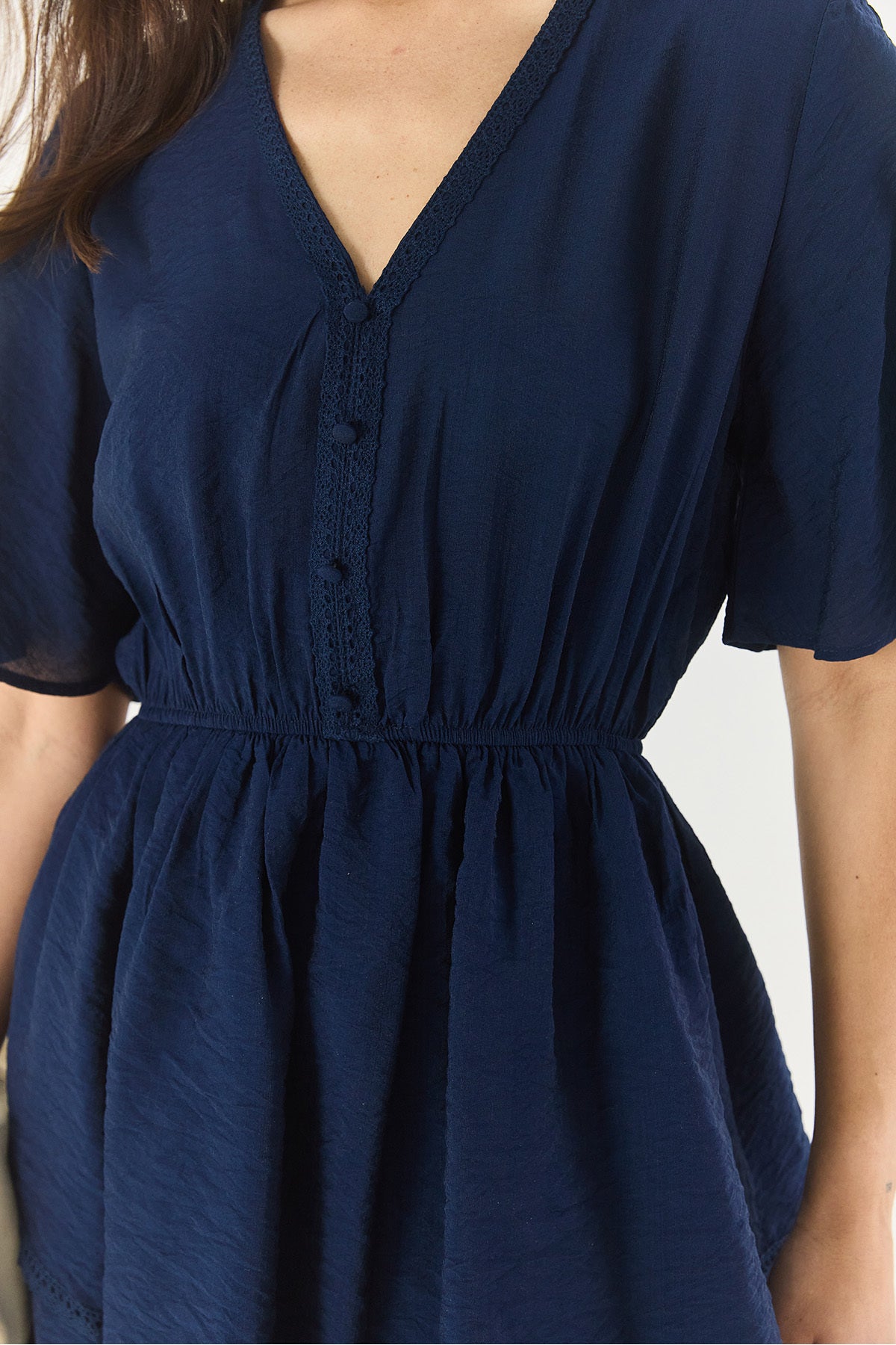 Women's V-Neck Guipure Detailed Elastic Waist Skirt Layered Viscose Summer Mini Dress 3014 60283254