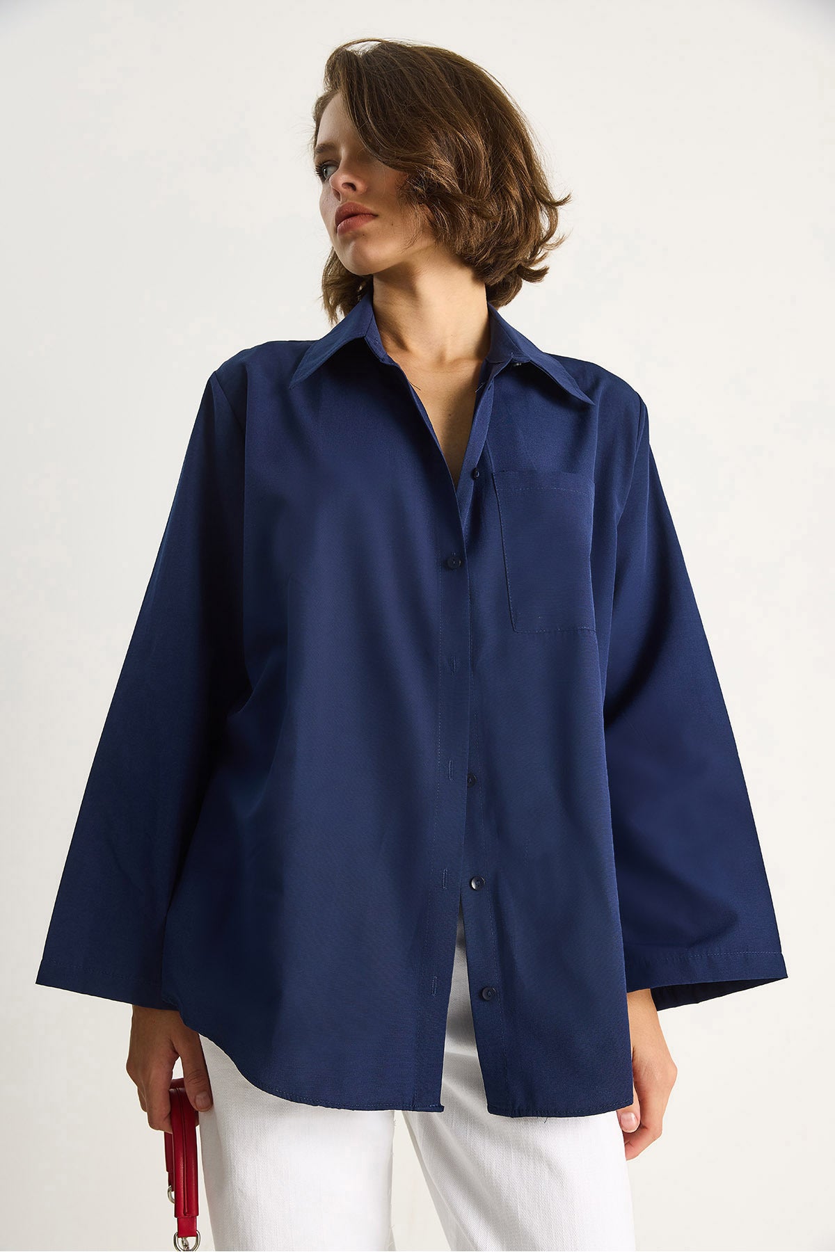 Women's Wide Sleeve Single Pocket Detailed Oversize Basic Poplin Shirt 2144 60284103