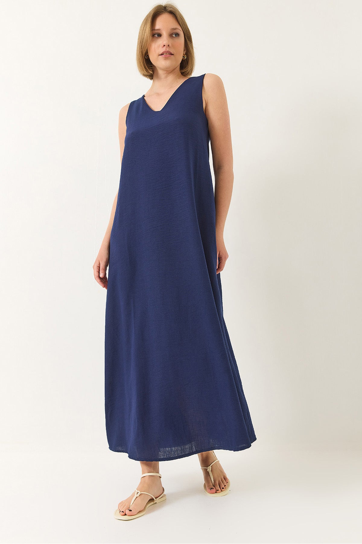 Women's V-neck Thick Strap Long Linen Dress 442 60283172