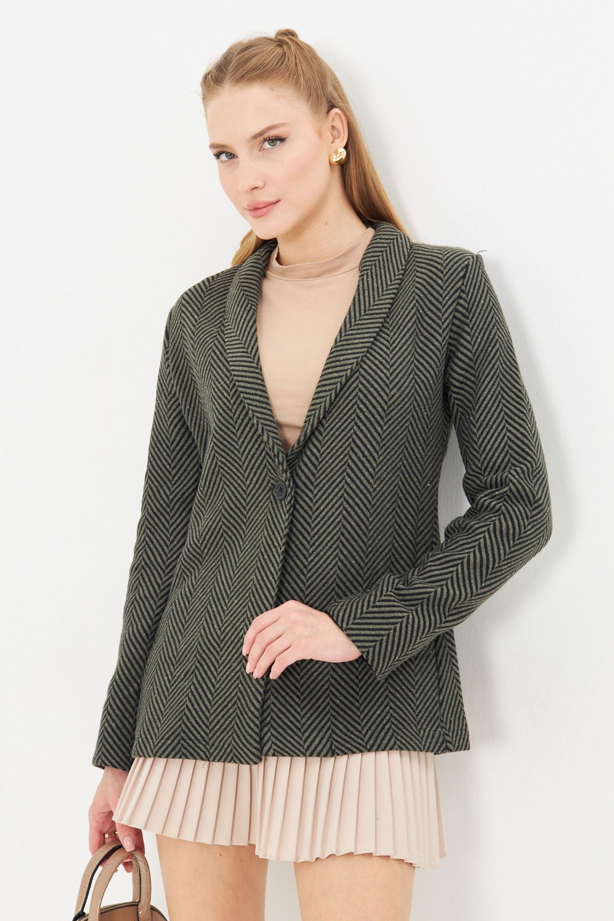 Female Khaki Fish Ridge Pattern Folding Single buttoned stamp jacket ARM-24K001066