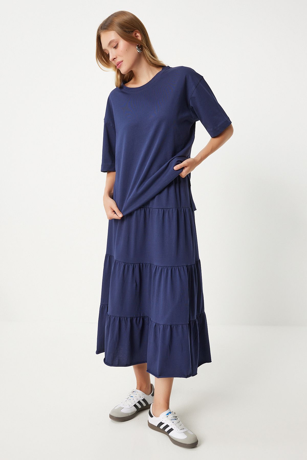 Woman Navy blue Oversize T-shirt Volan knitted skirt set UB00291