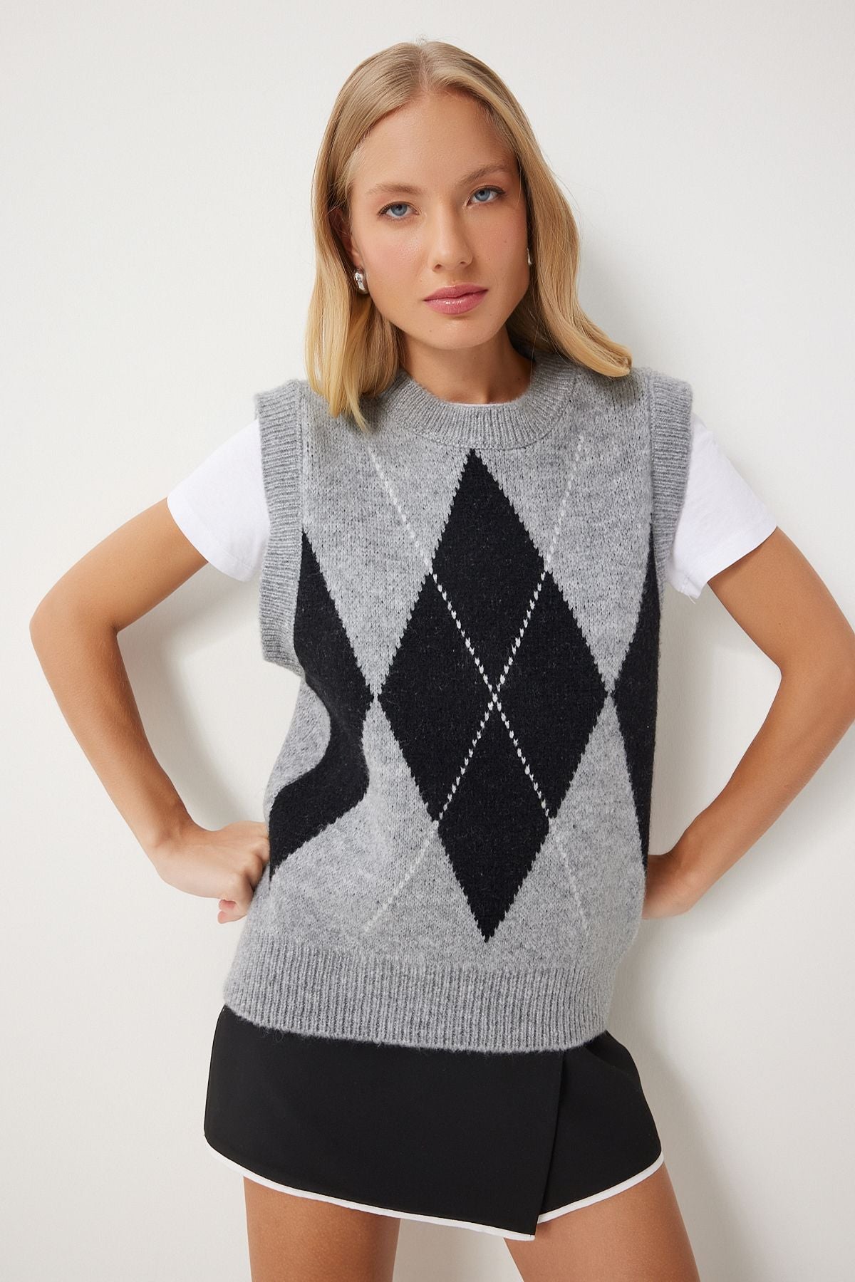 Women's Gray Baklava Patterned Triko Süveter AN00211