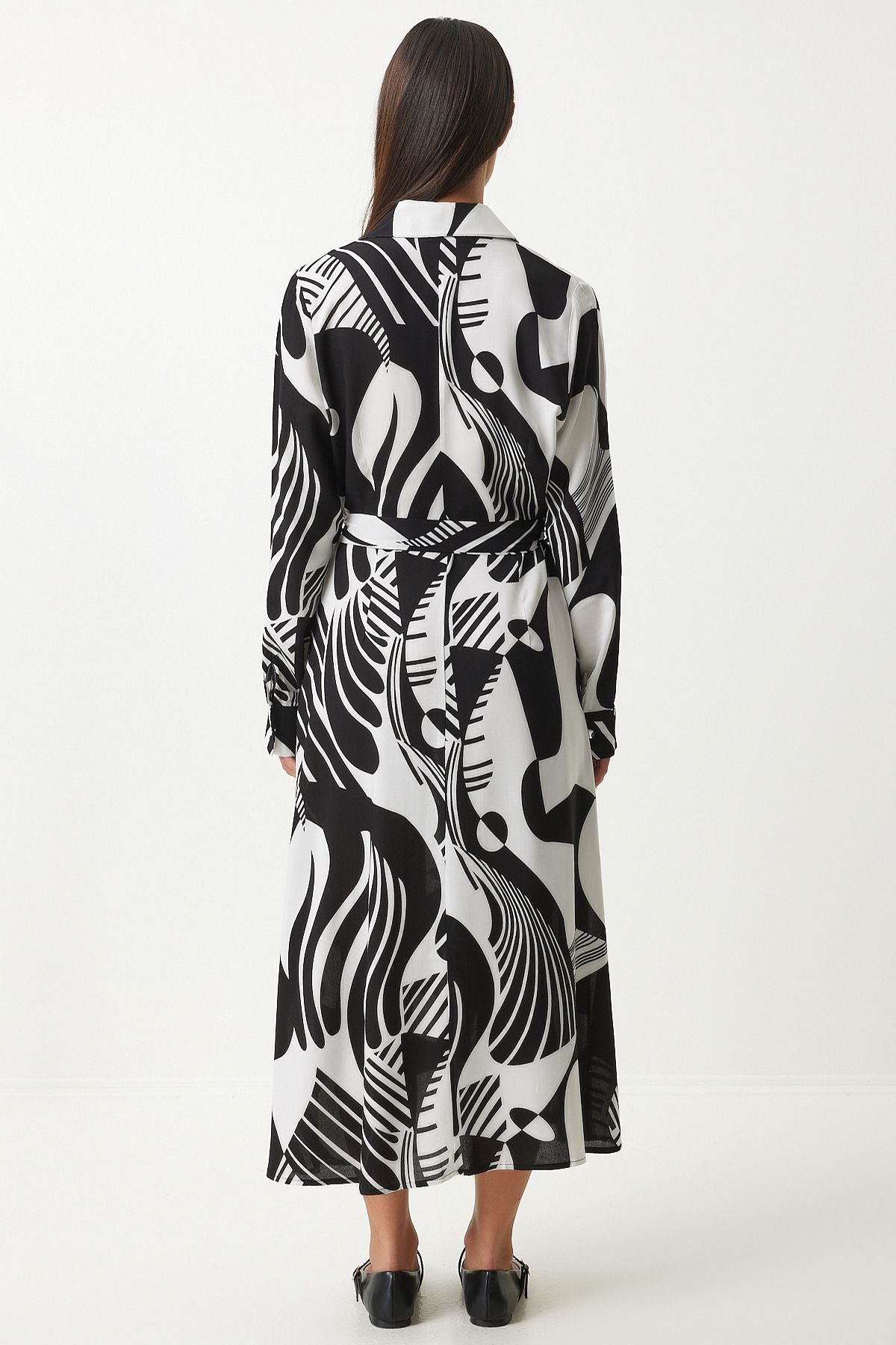 Female Black and White Patterned Born Viscose Shirt Dress FN03204