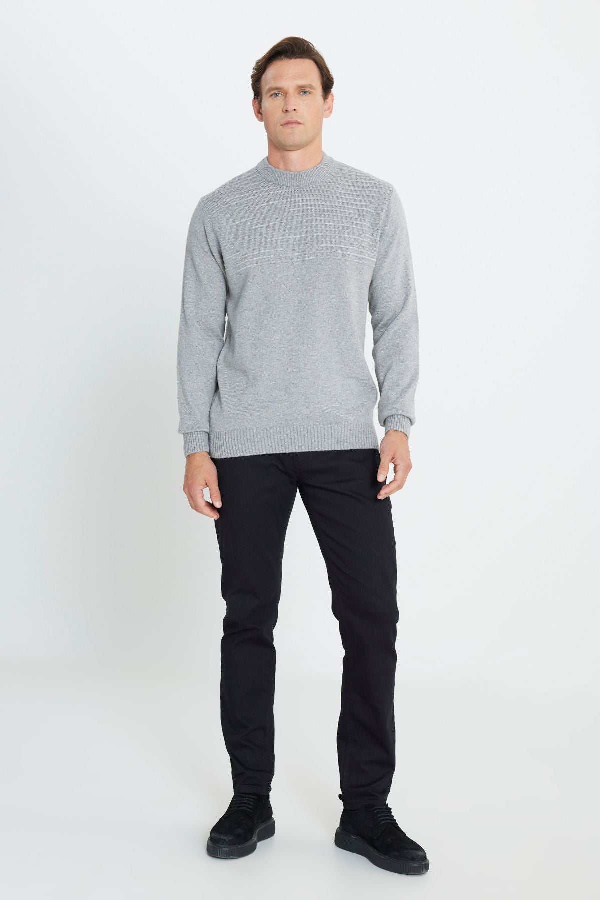 Men's Gray Standard Fit Normal Cut HALF FISHER YAKA KNIT