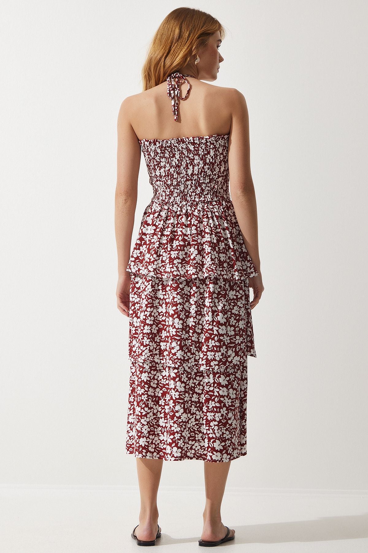 Female Brown Flower Volan summer viscose dress ub00226
