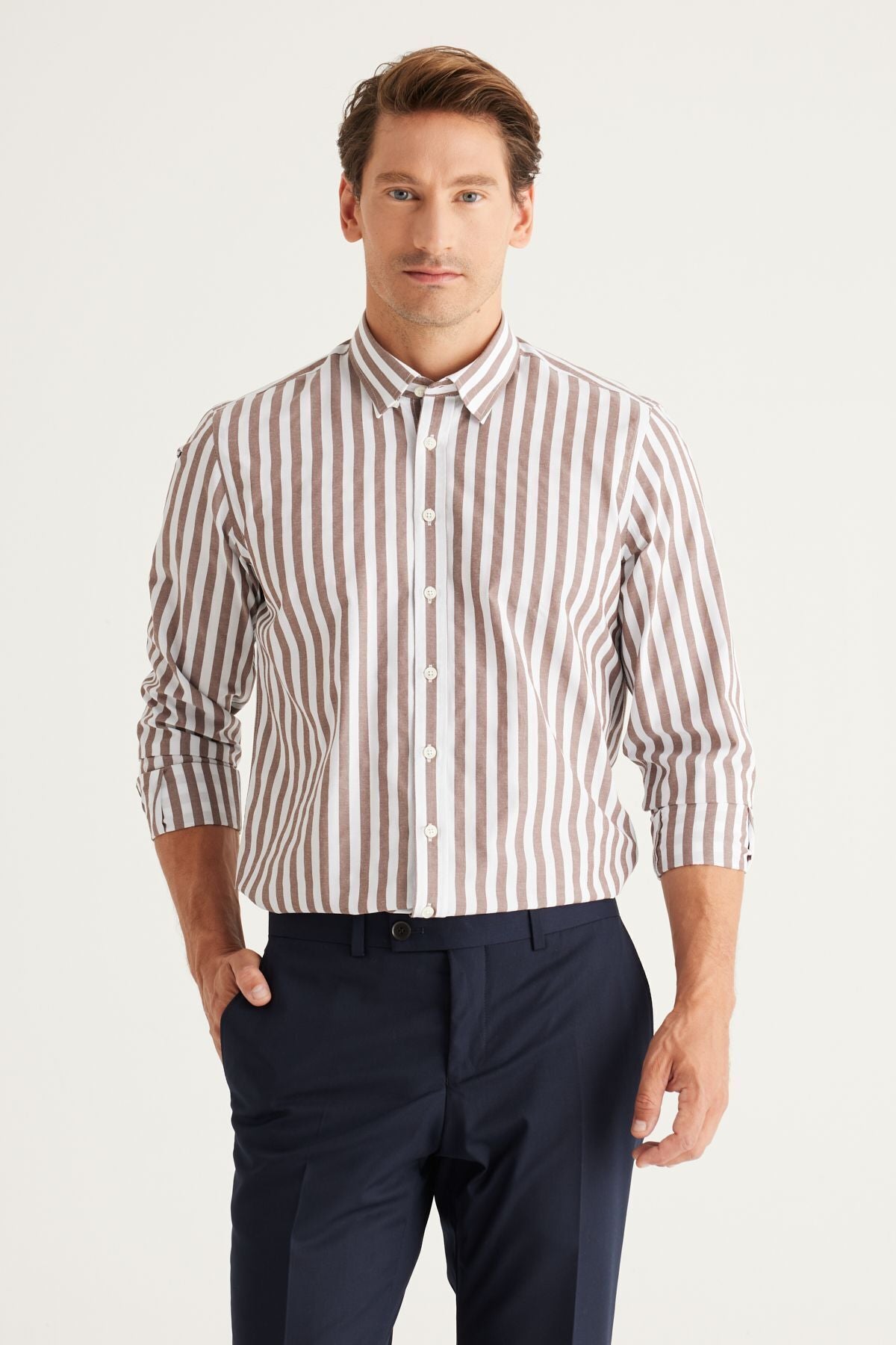 Men's Brown White Slim Fit Narrow Cut Hidden buttoned collar cotton shirt