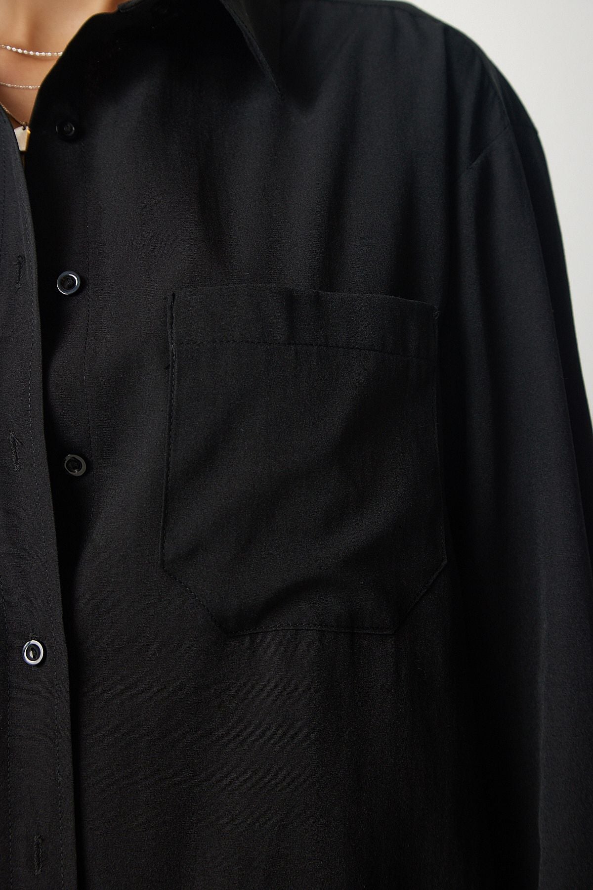 Female Black Single Pocket Boyfriend Poplin Shirt CY00014