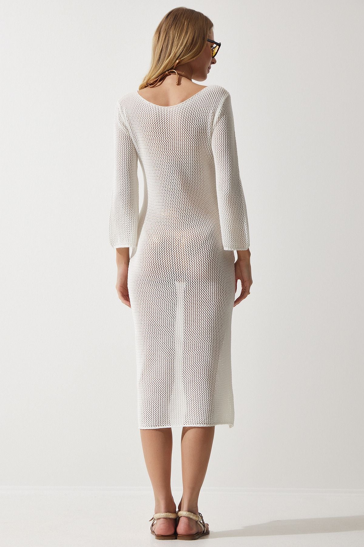 Female Ecru Outlet Transparent Long Knitwear Dress PF00064