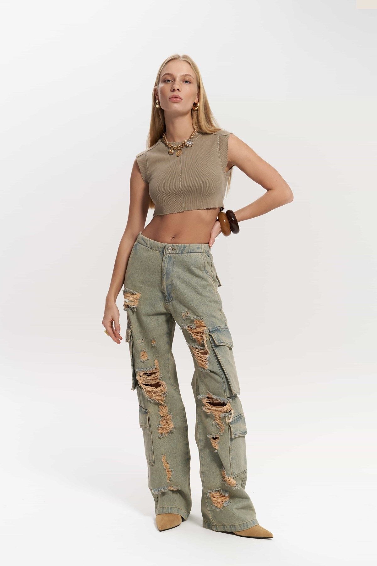 Dries Dirty Gray Torn Detail Cargo Jean Pants