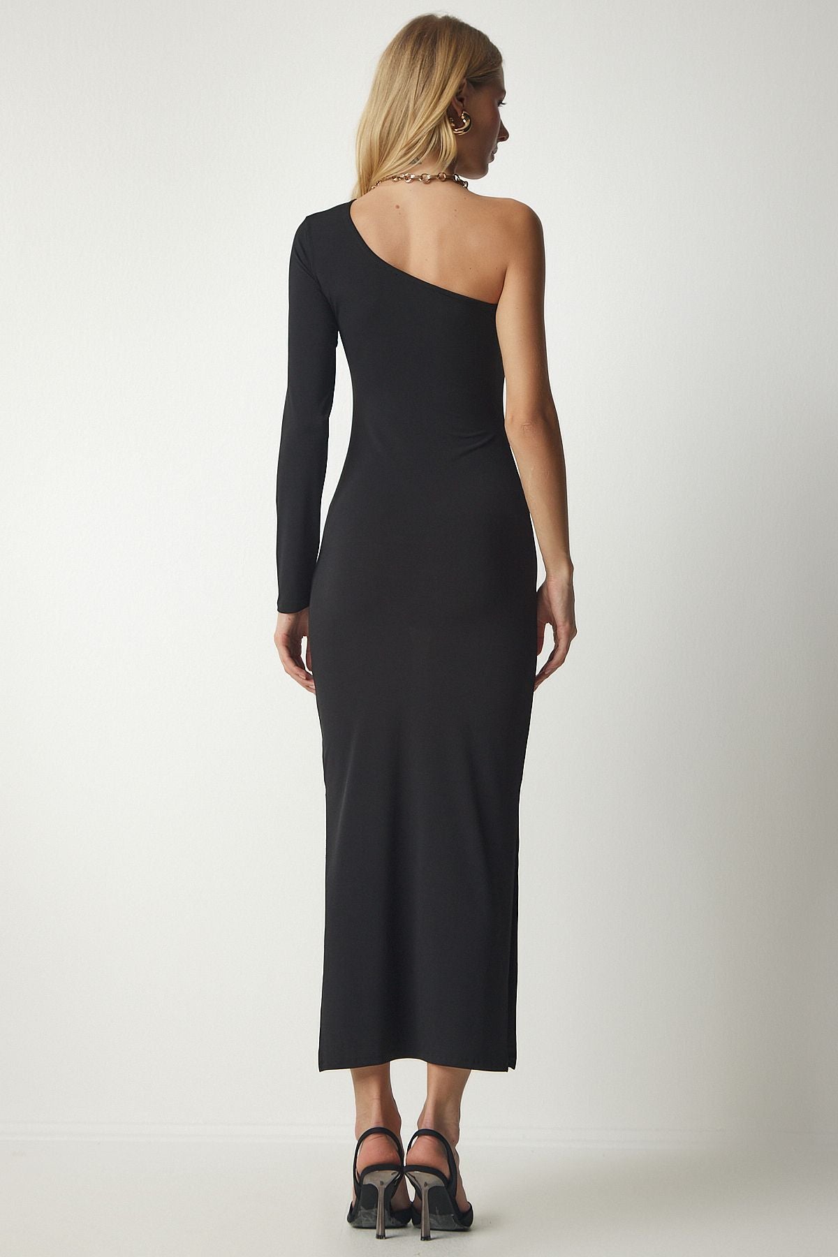 Women's black slit is one shoulder sandy dress DZ00107