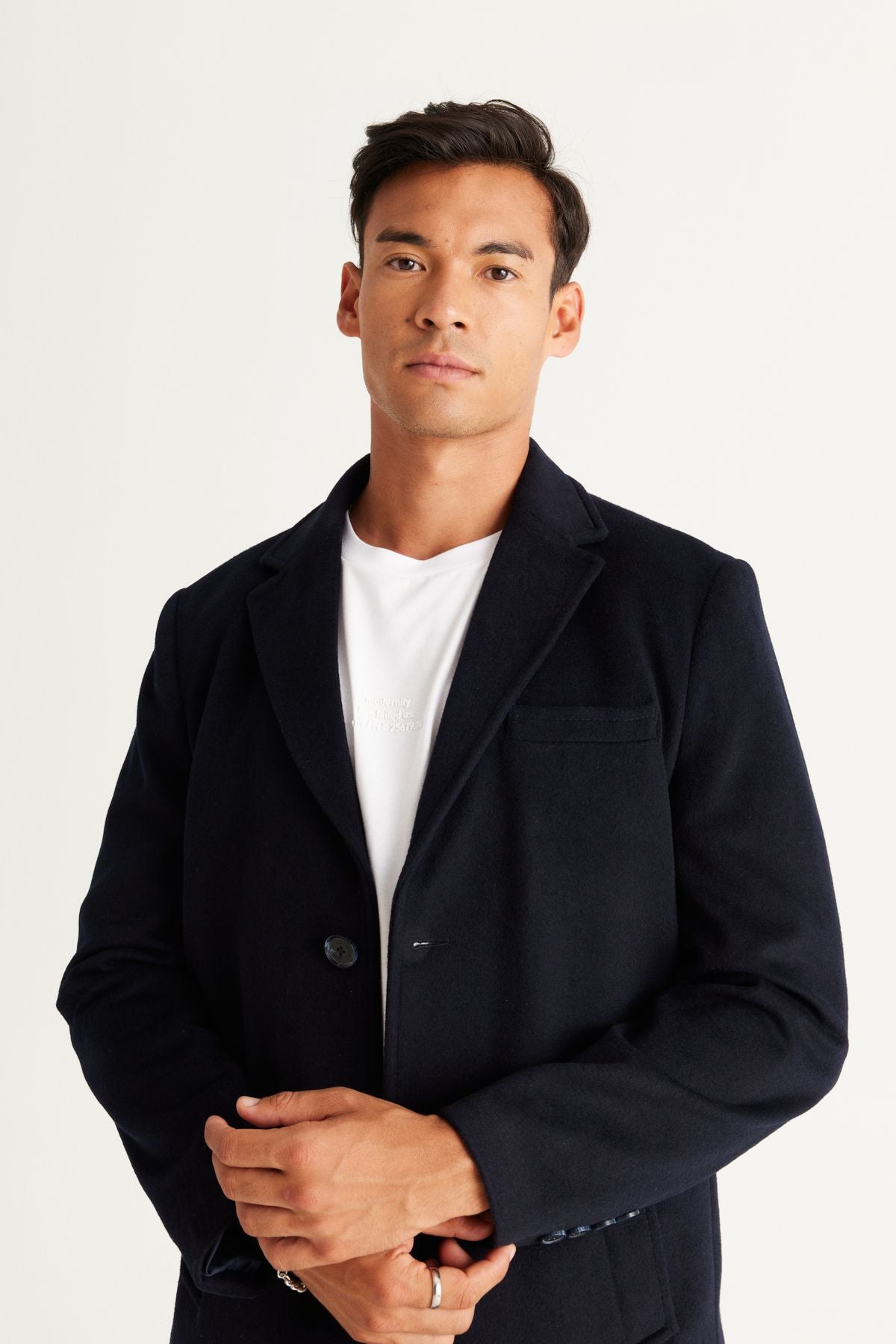 Men's navy blue standard fit normal cutting mono collar woolen coat