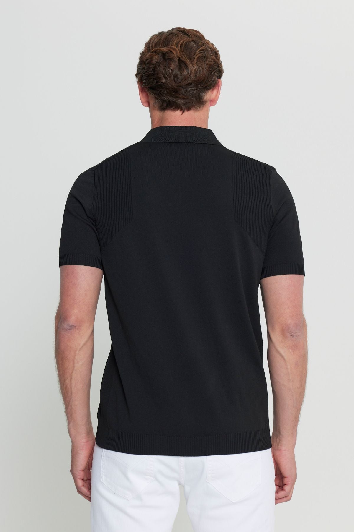 Men's Black Standard Fit Normal Cut Polo Yaka Jacquari Triko T -shirt