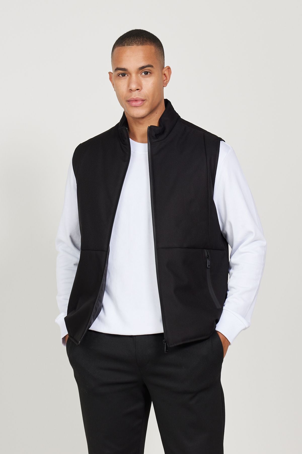 Men's black standard fit Normal cut upright collar vest