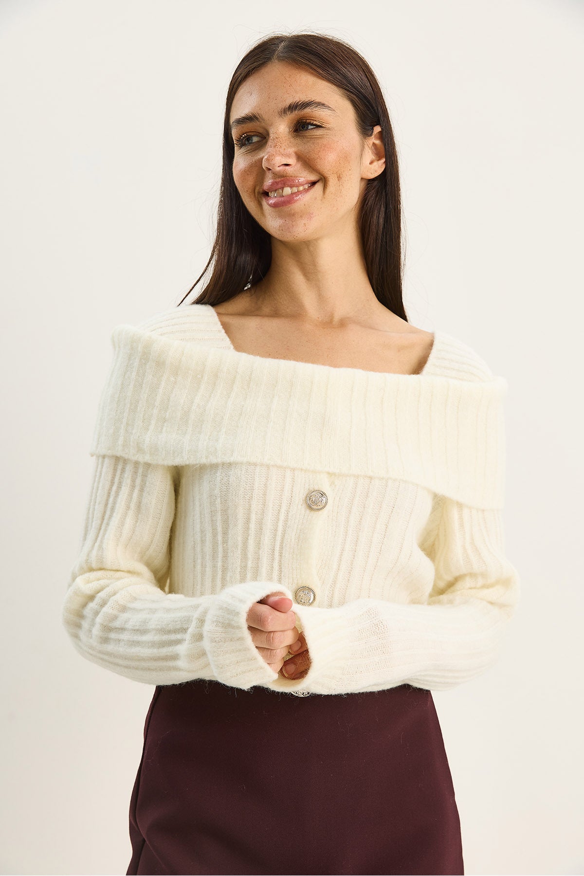 Women's Boat Neck Button Detailed Knitwear Sweater 9059 60283778