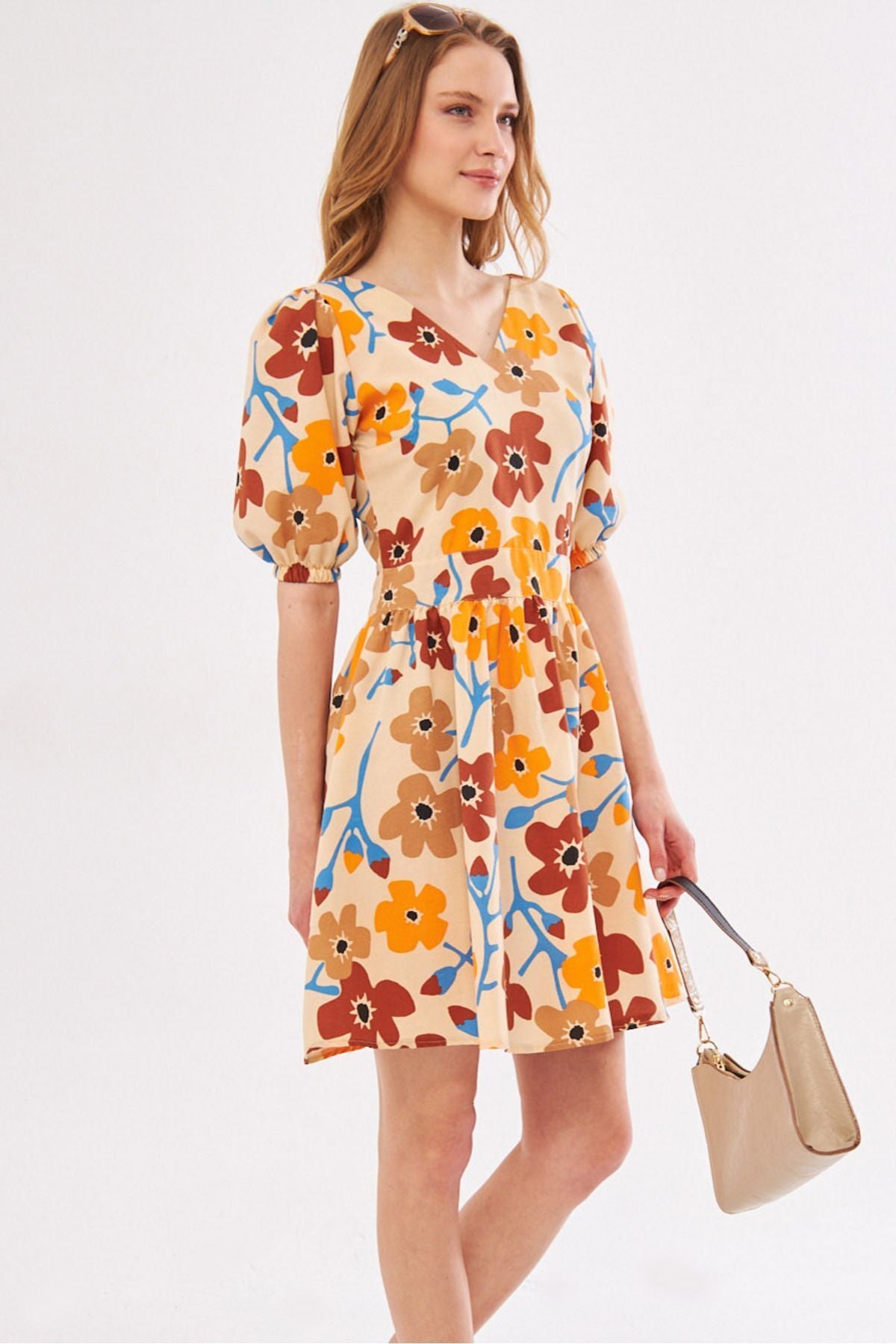 Female Beige front rear V-neck balloon sleeve belt detailed mini dress ARM-24Y001016