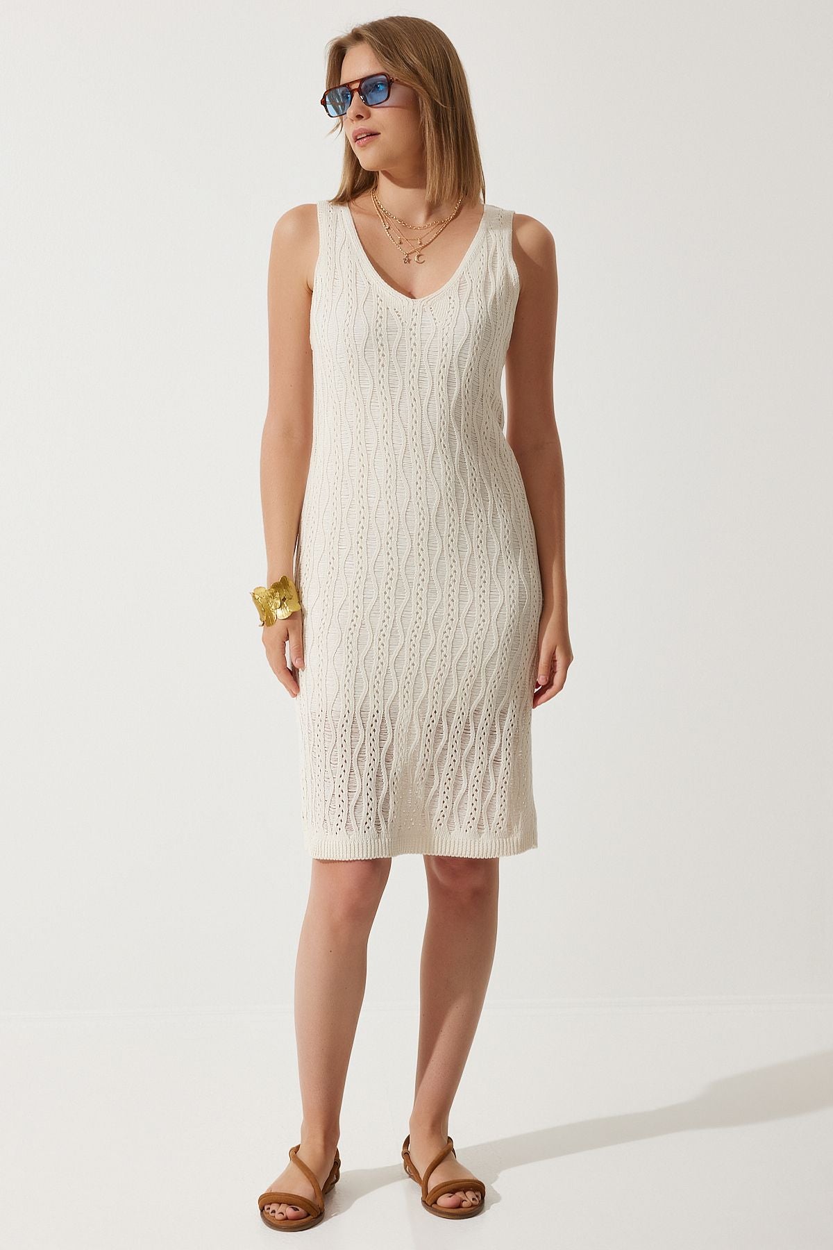 Women's cream V -neck summer knitwear dress CI00109