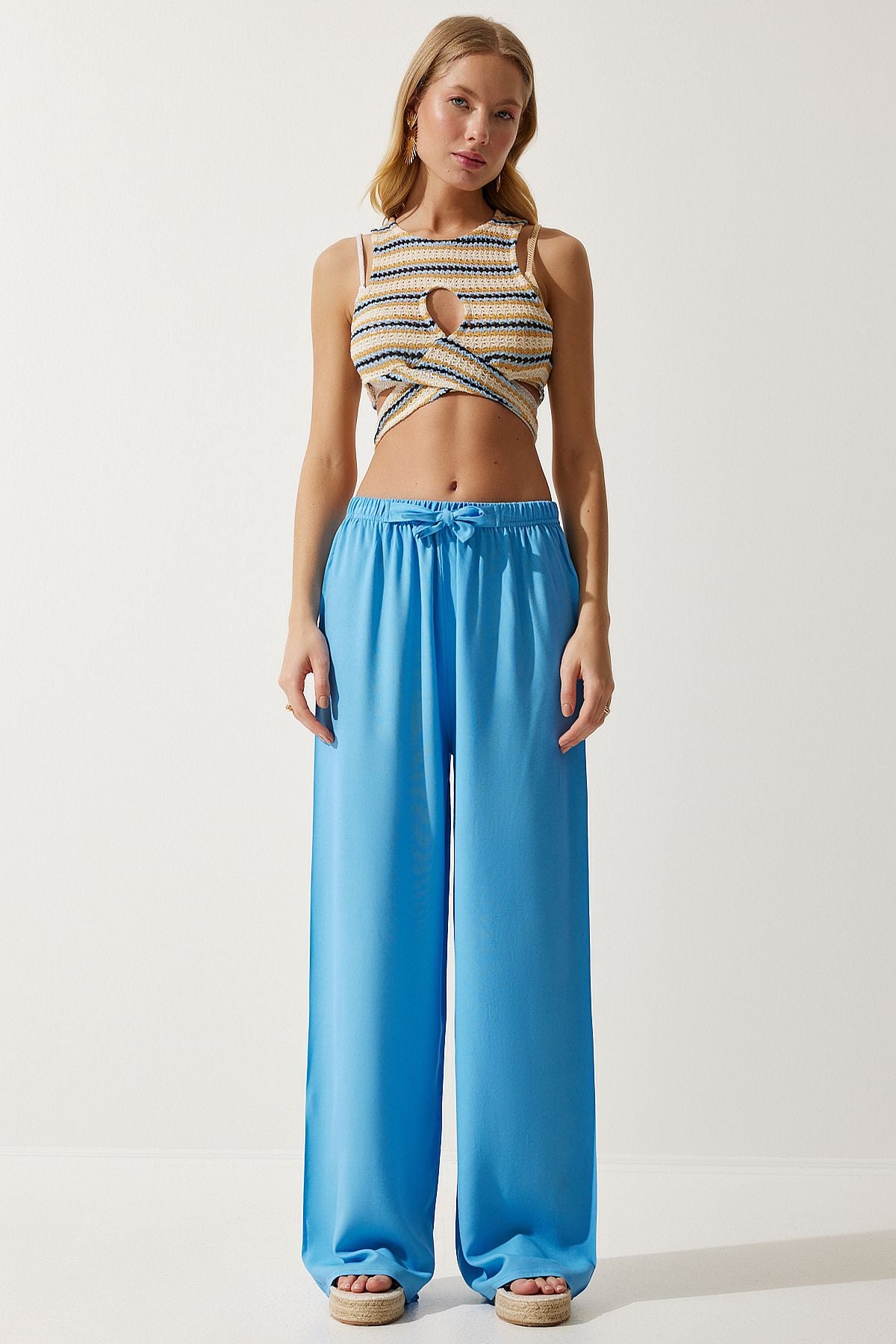 Woman Sky Blue Summer Viscose Palazzo Pants EN00610
