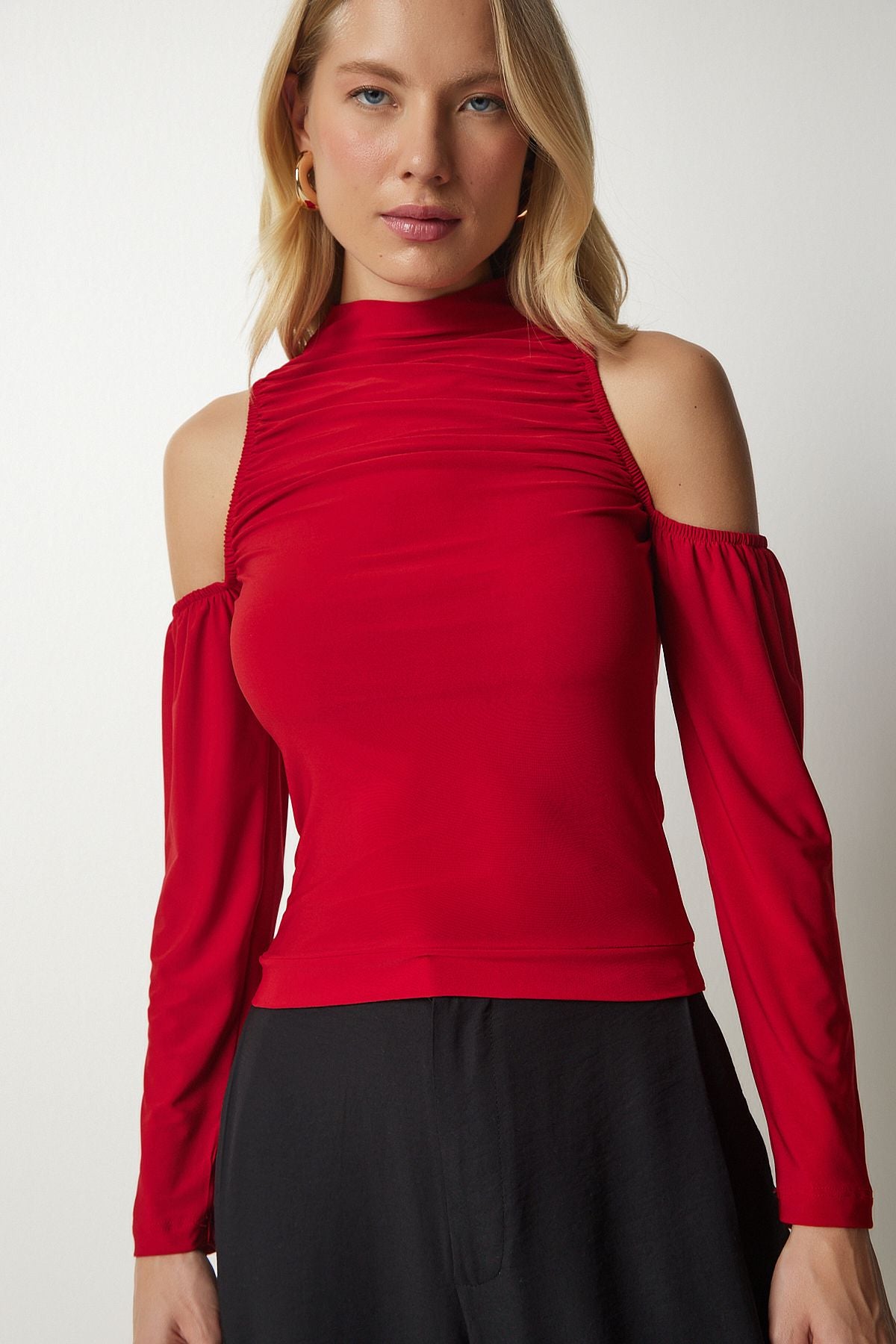 Woman Red Light Shoulder Detailed Knitting Blouse To00107