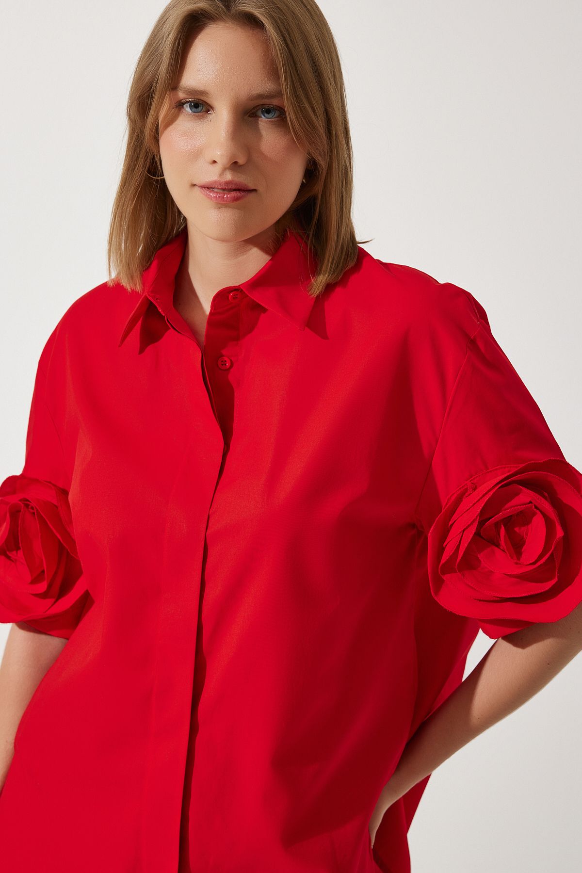 Woman Red Rose Accessory Oversize Design Cotton Premium Shirt FK00008