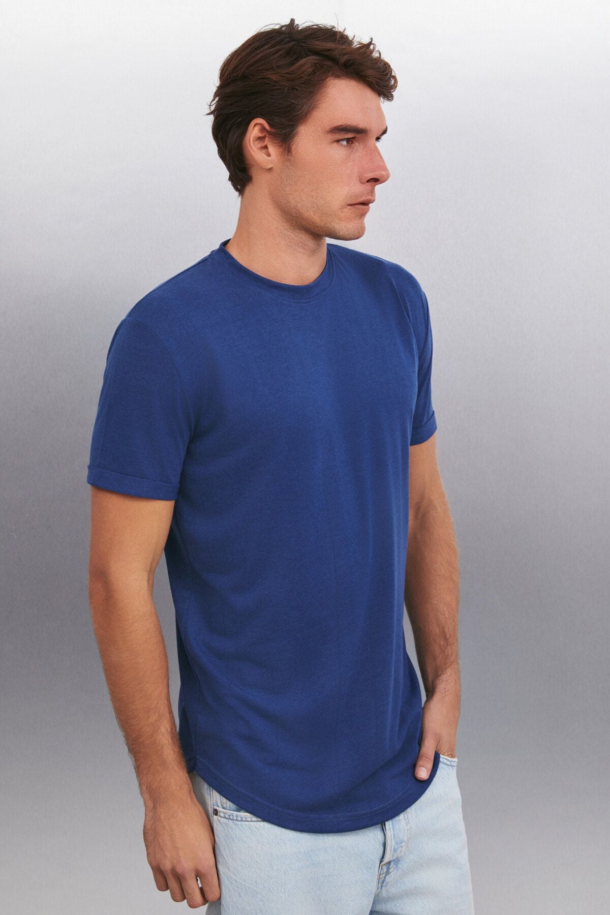 Oscar Men's 100 %Organic Cotton Comfort Fit Long Fabric Dark Blue T-Shirt