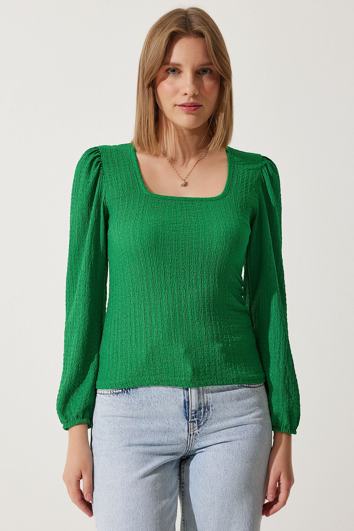 Woman Dark Green Square Collar textured knitted blouse DD01111