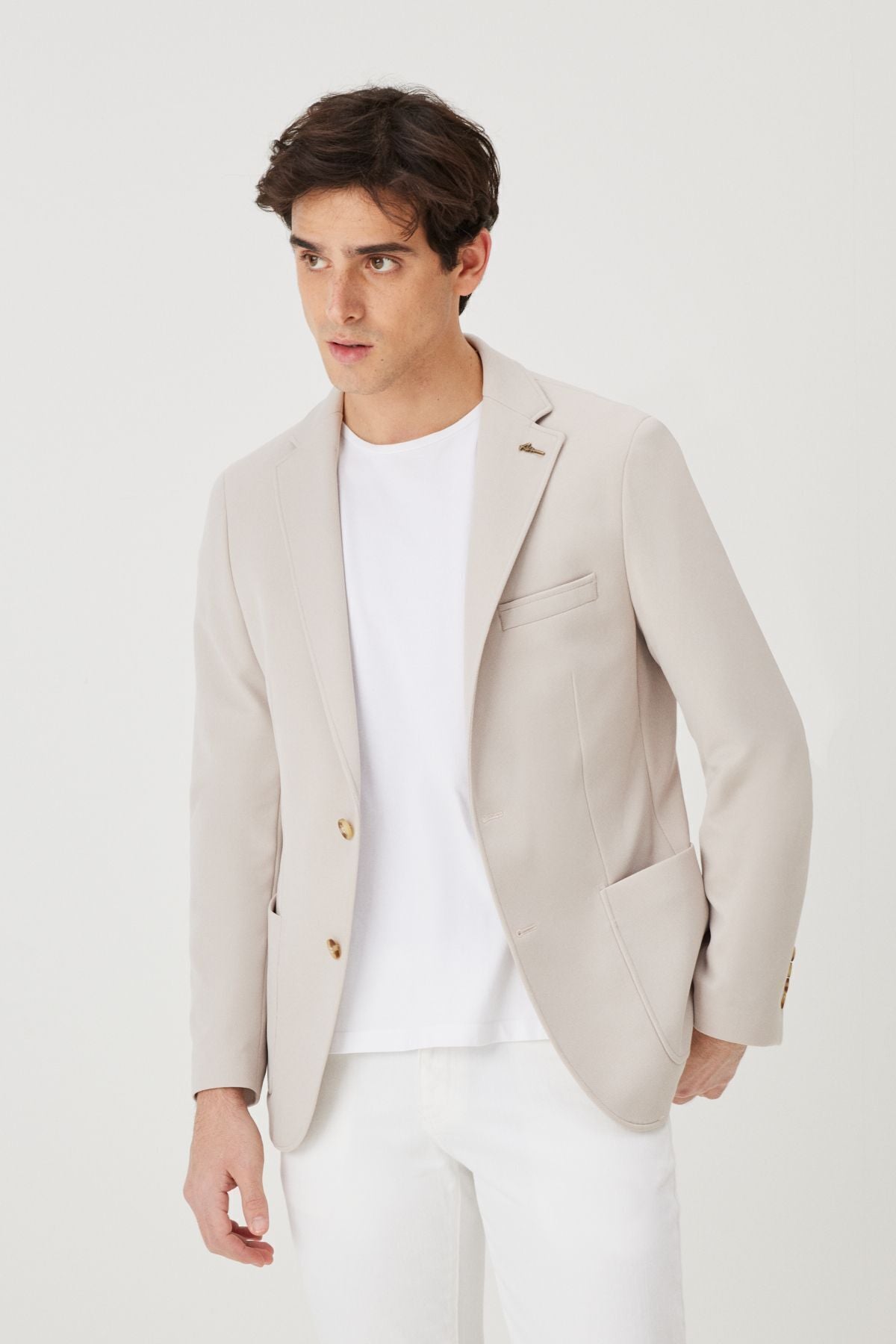 Men's Beige Slim Fit Narrow Cut Mono Yaka Casual Blazer Jacket